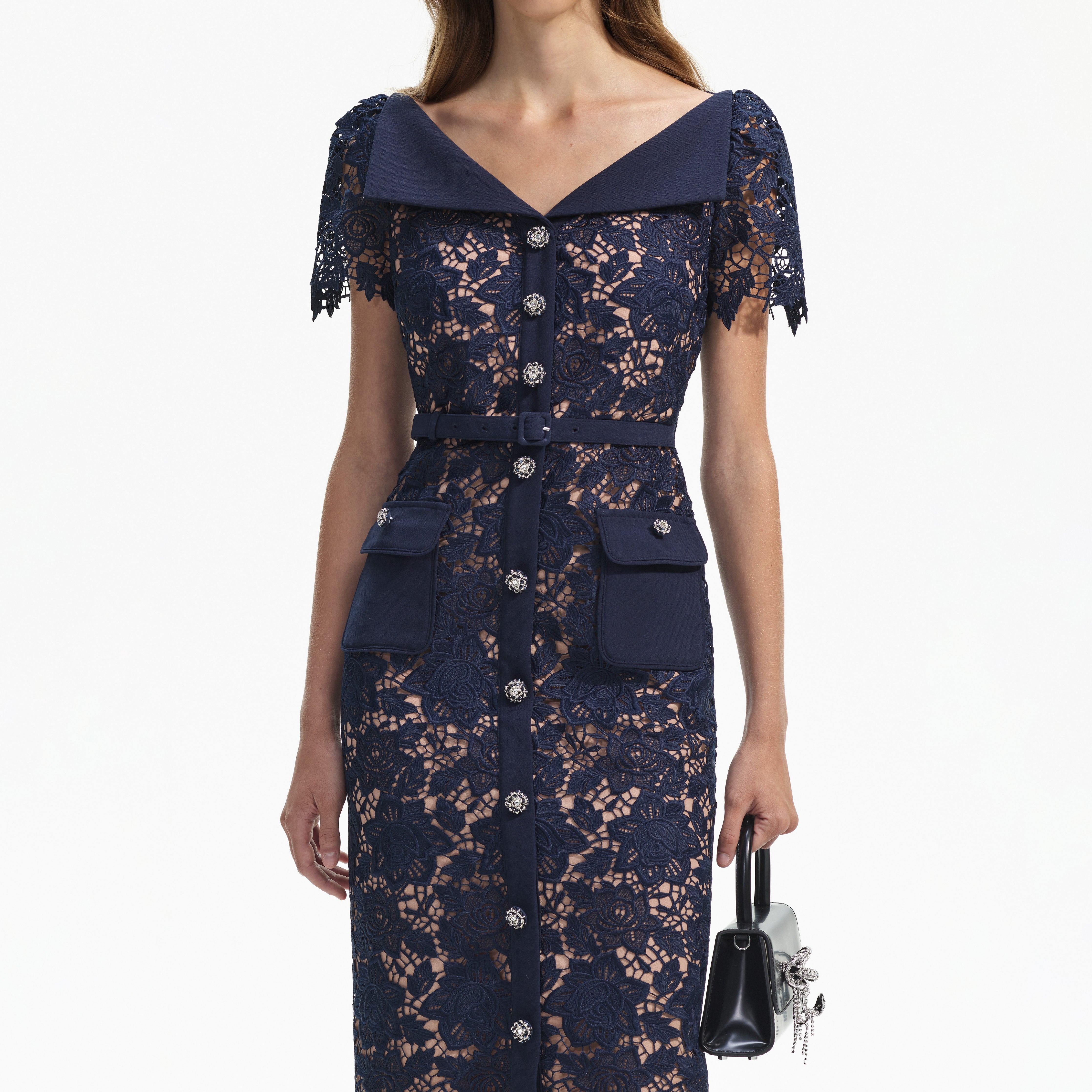 Navy blue lace midi dress hotsell