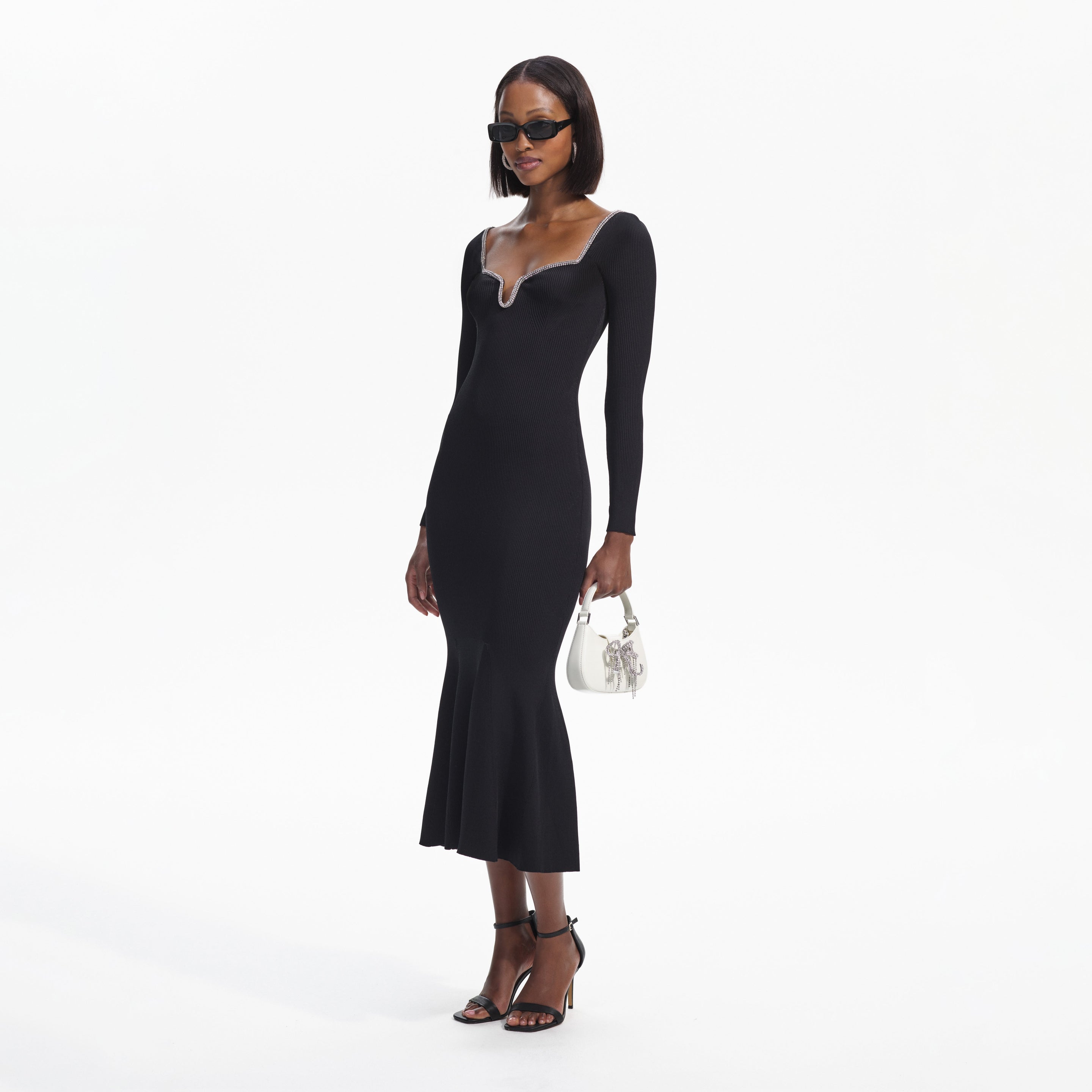 Black Knit Diamante Trim Midi Dress – self-portrait-US
