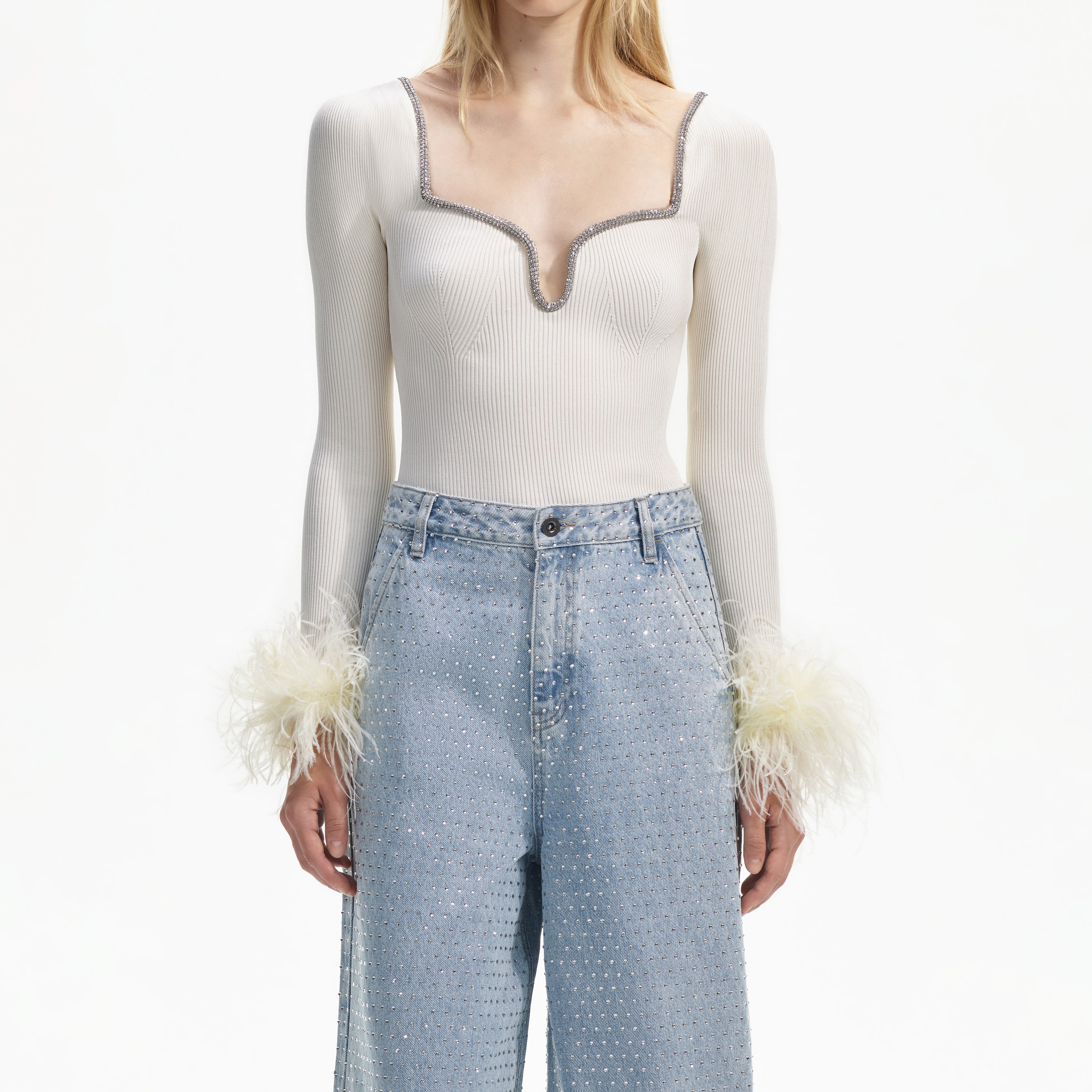 Off White Knit Feather Top – self-portrait-US