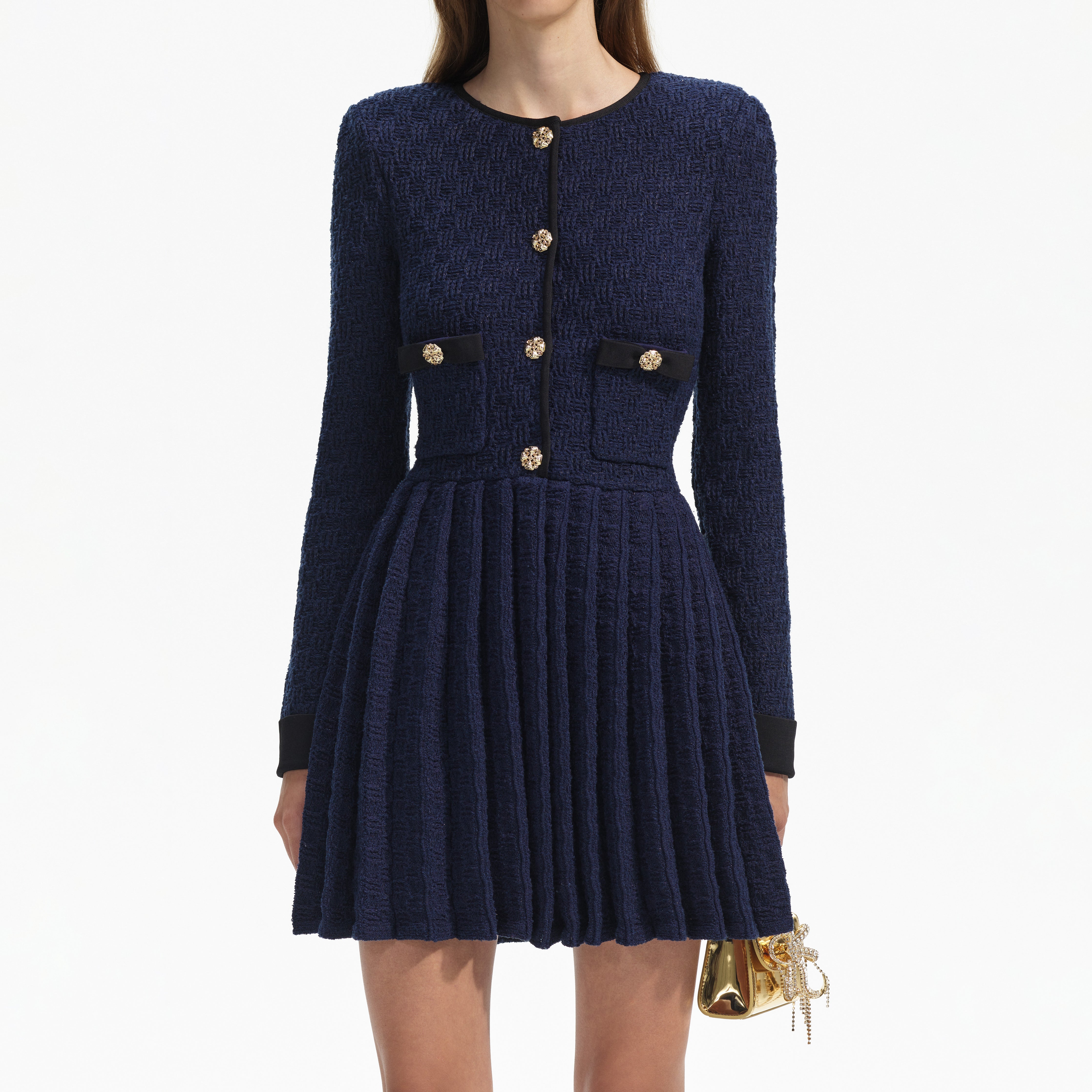 Navy Weave Knit Mini Dress – self-portrait-US