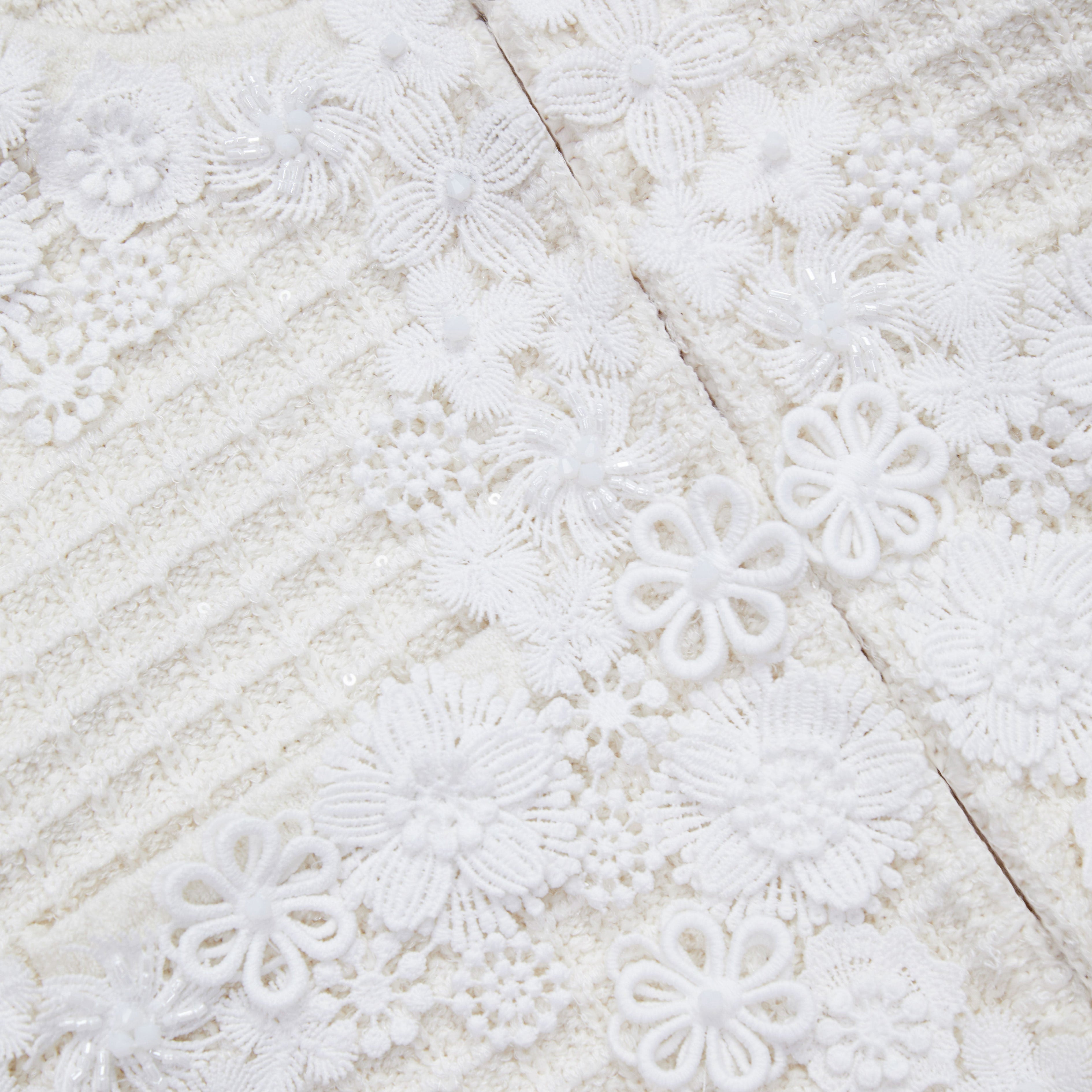 Cream Knit Floral Trim Cardigan