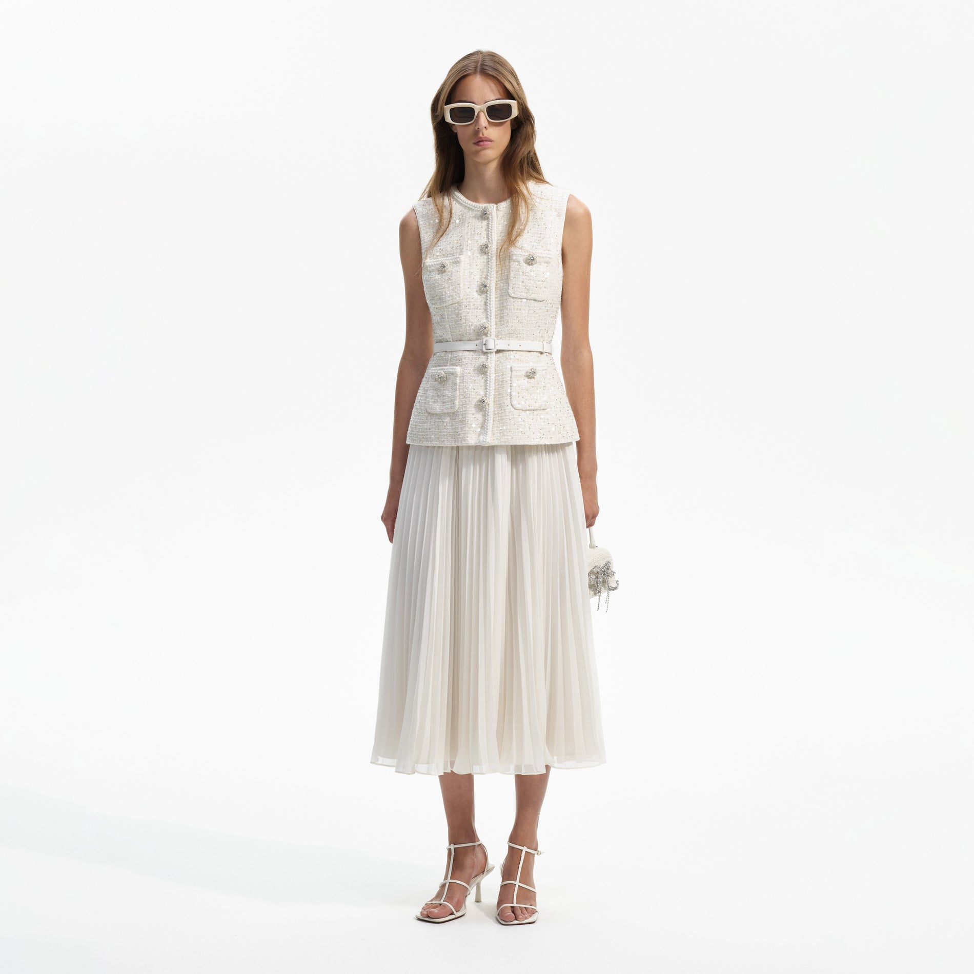 Cream Sequin Boucle Tailored Midi Dress