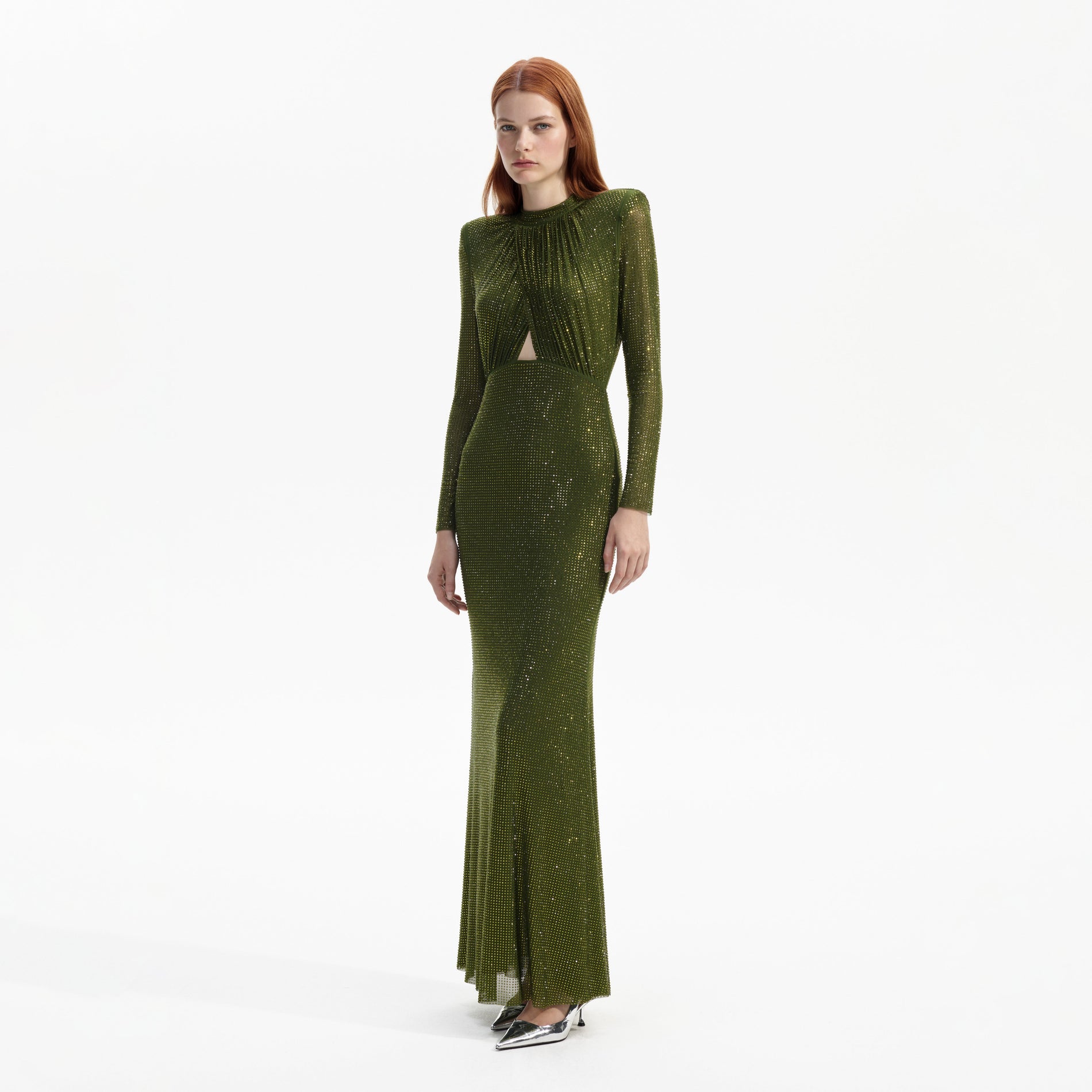 Side view of a woman wearing the Olive Green Rhinestone Maxi Dress
