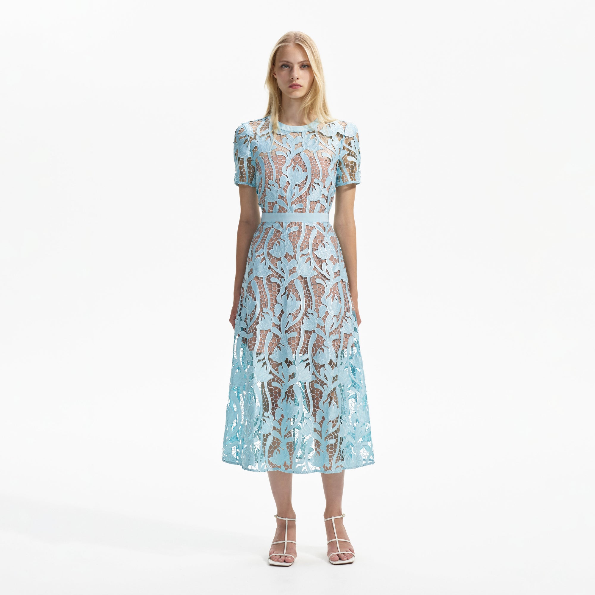 Front view of a woman wearing the Light Blue Lace Midi Dress