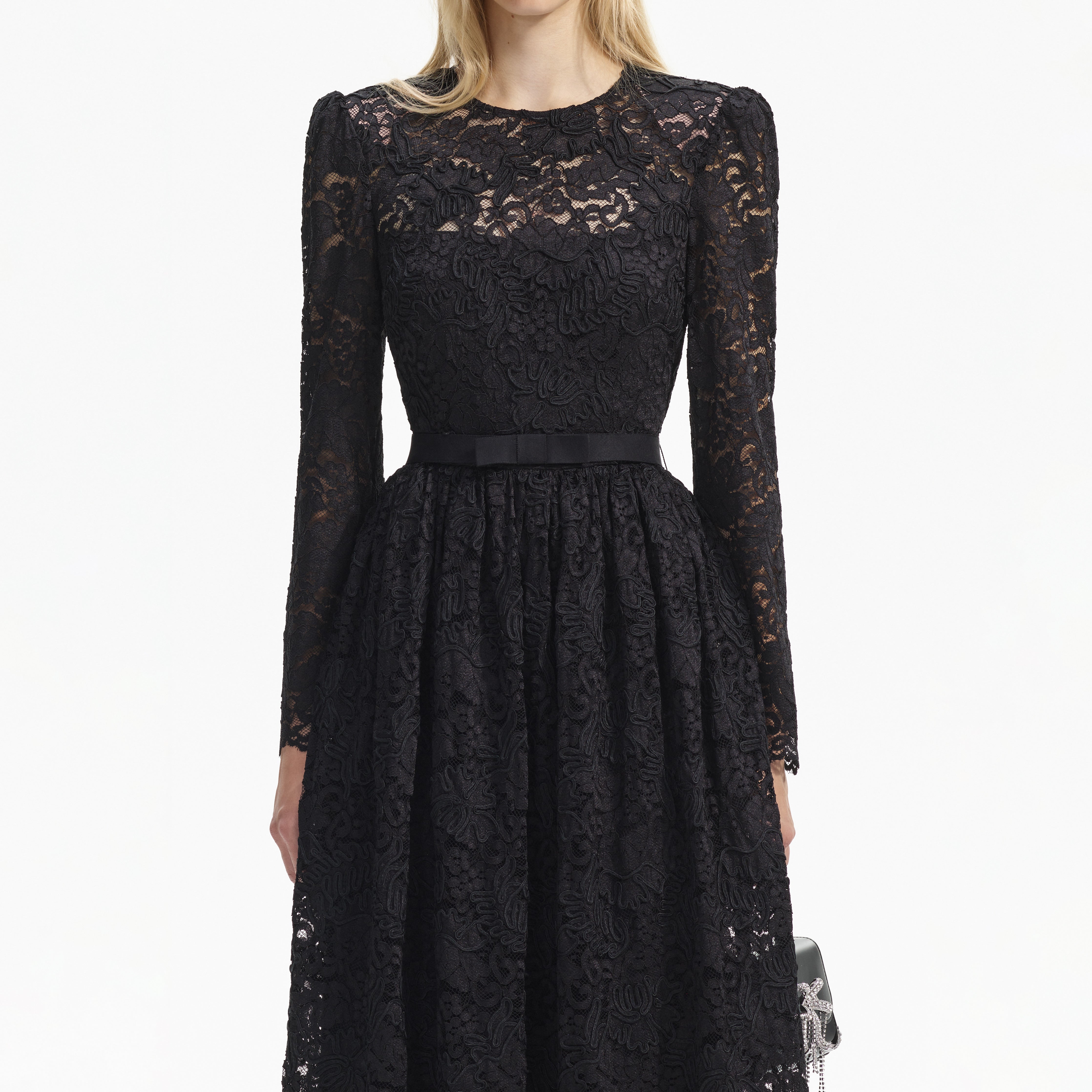 Black Cord Lace Long Sleeve Midi Dress – self-portrait-US