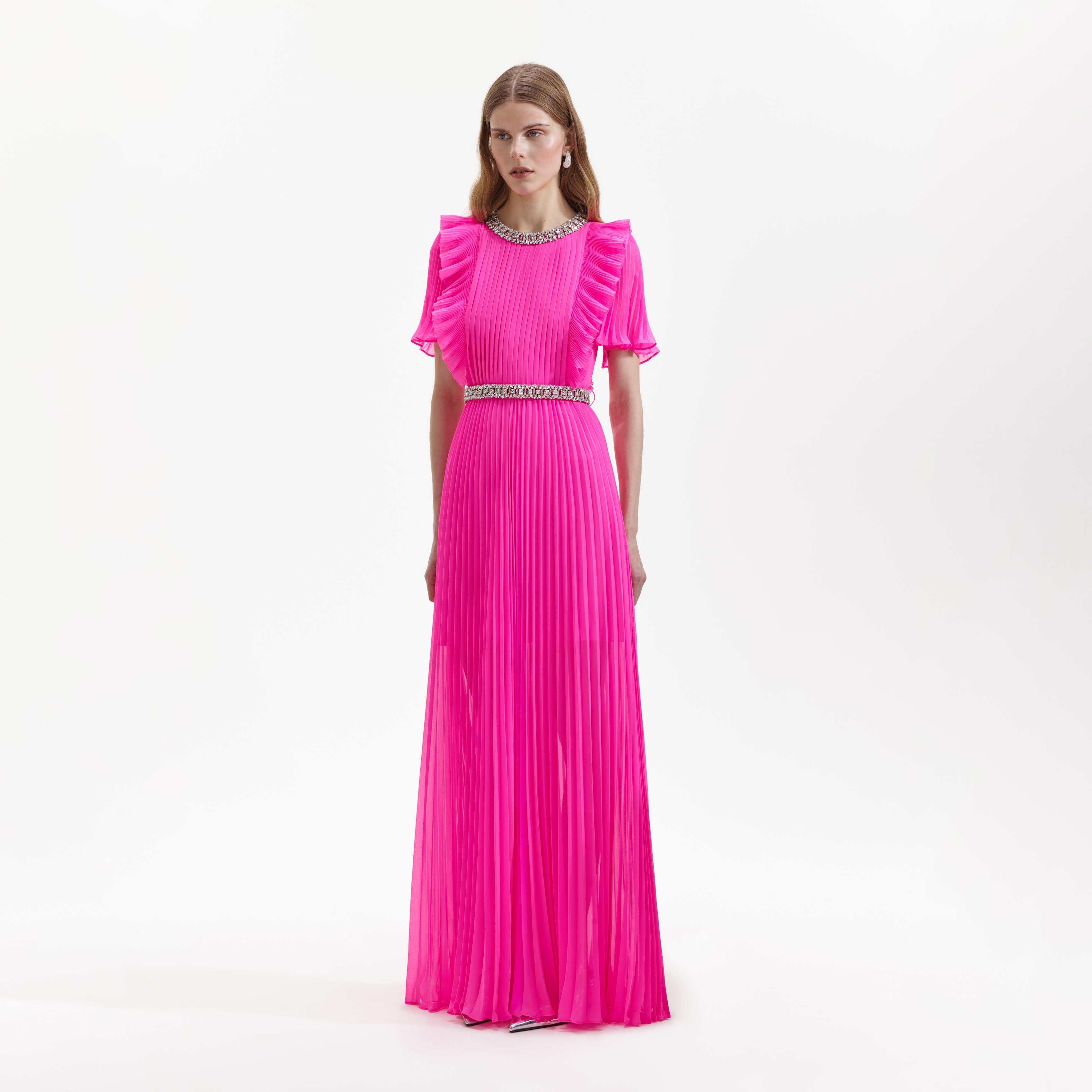Pink Chiffon Diamante Maxi Dress