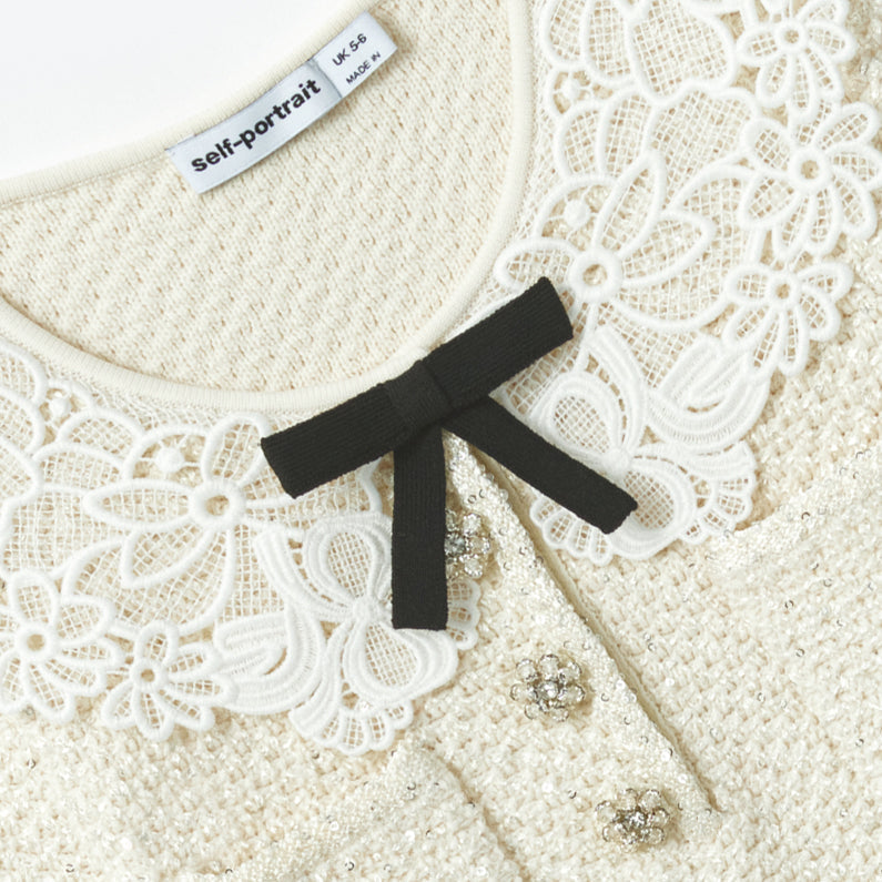 Cream Sequin Knit Lace Collar Dress