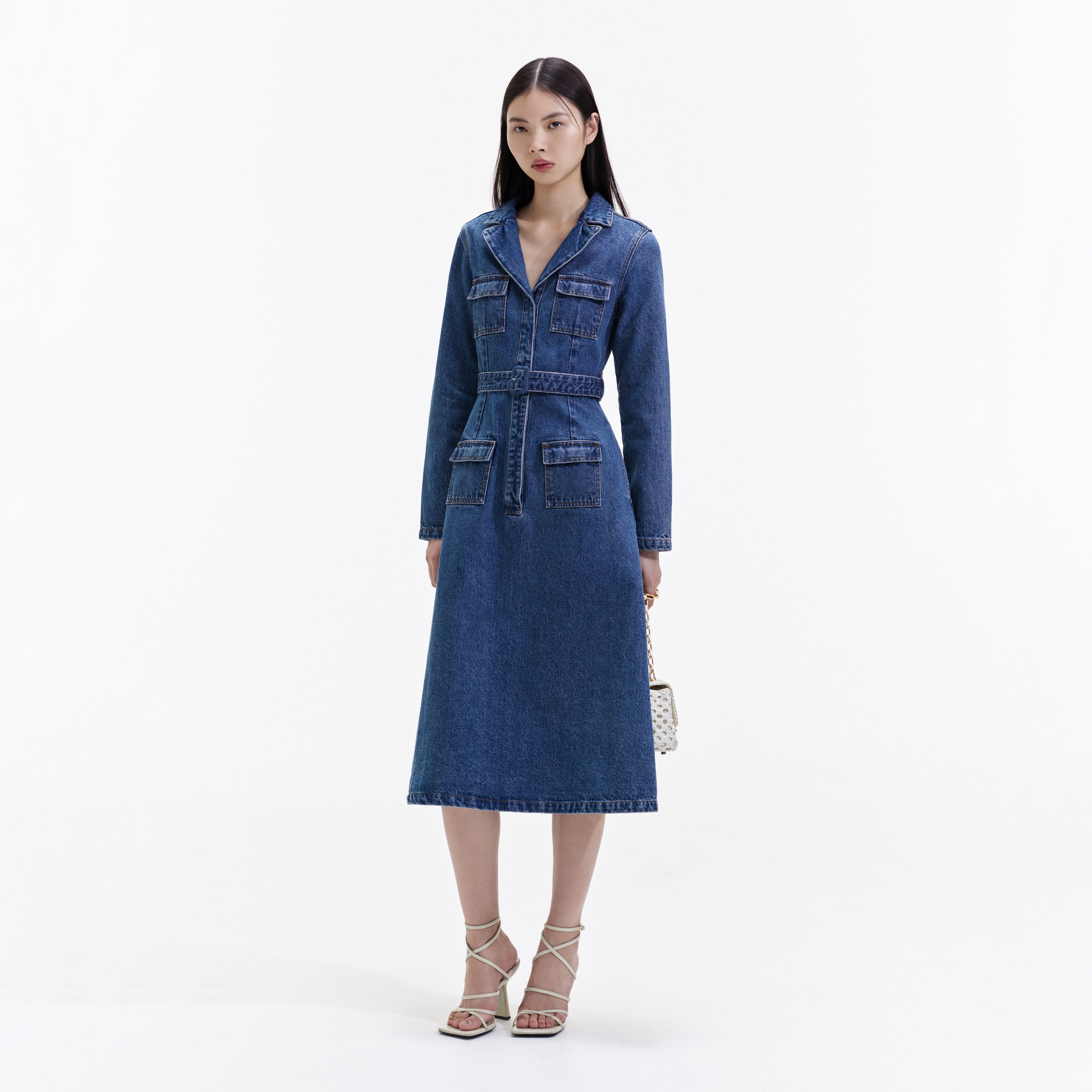 Blue Denim Belted Midi Dress