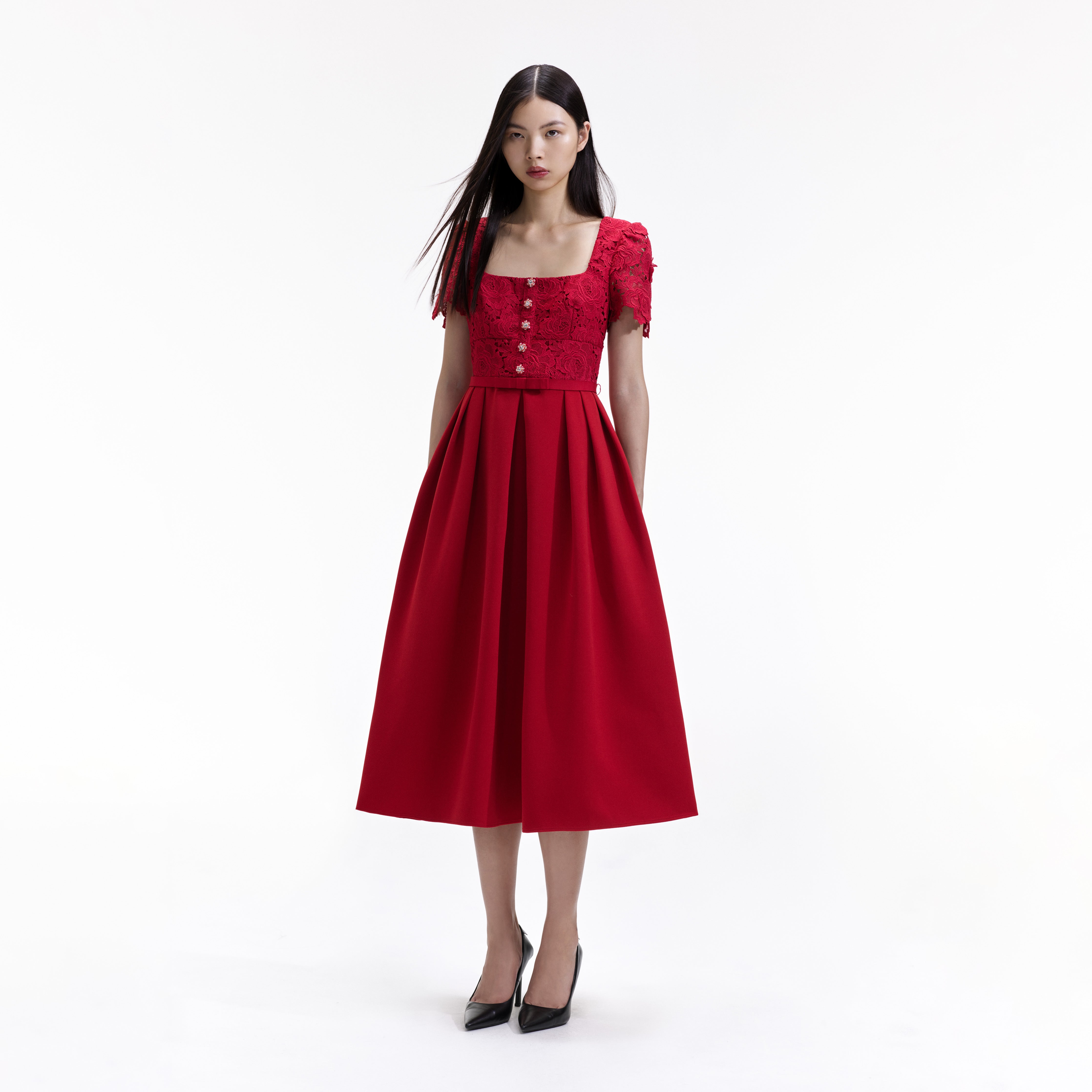 Red Lace Crepe Midi Dress – self-portrait-US