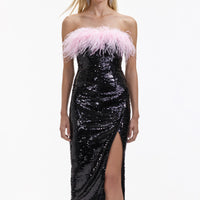 Black Sequin Split Feather Midi Dress