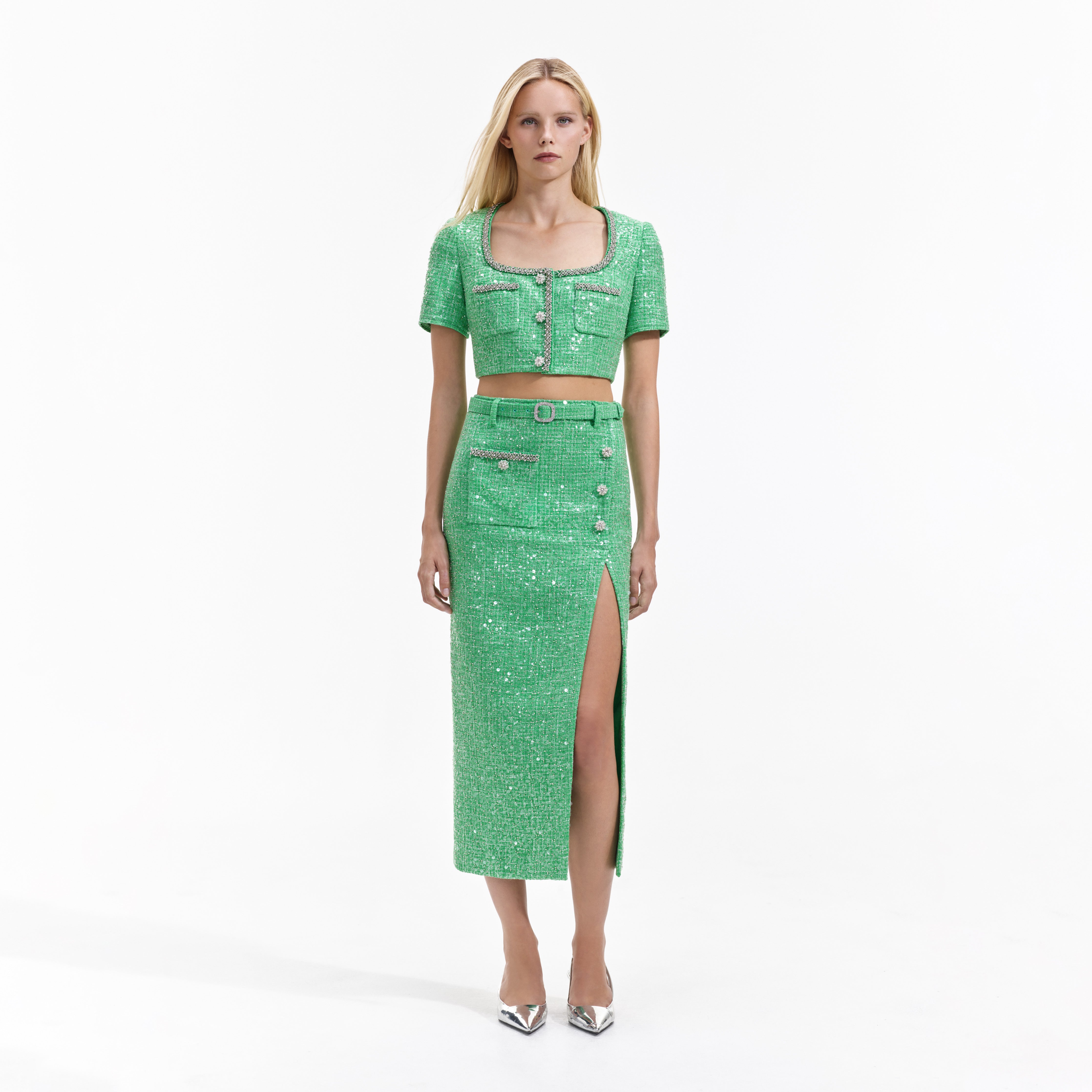 Warehouse sequin outlet midi skirt green