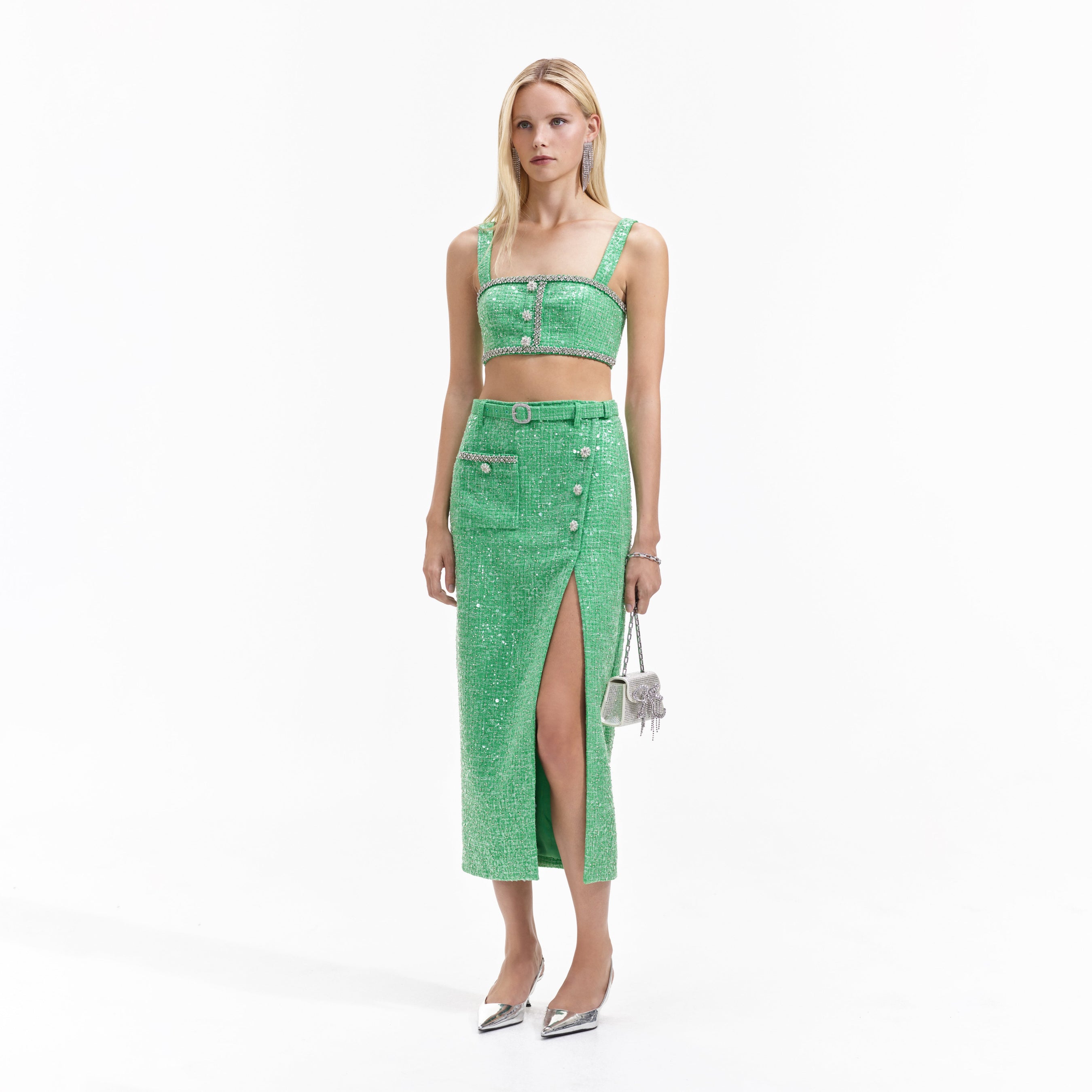 Green Boucle Midi Skirt