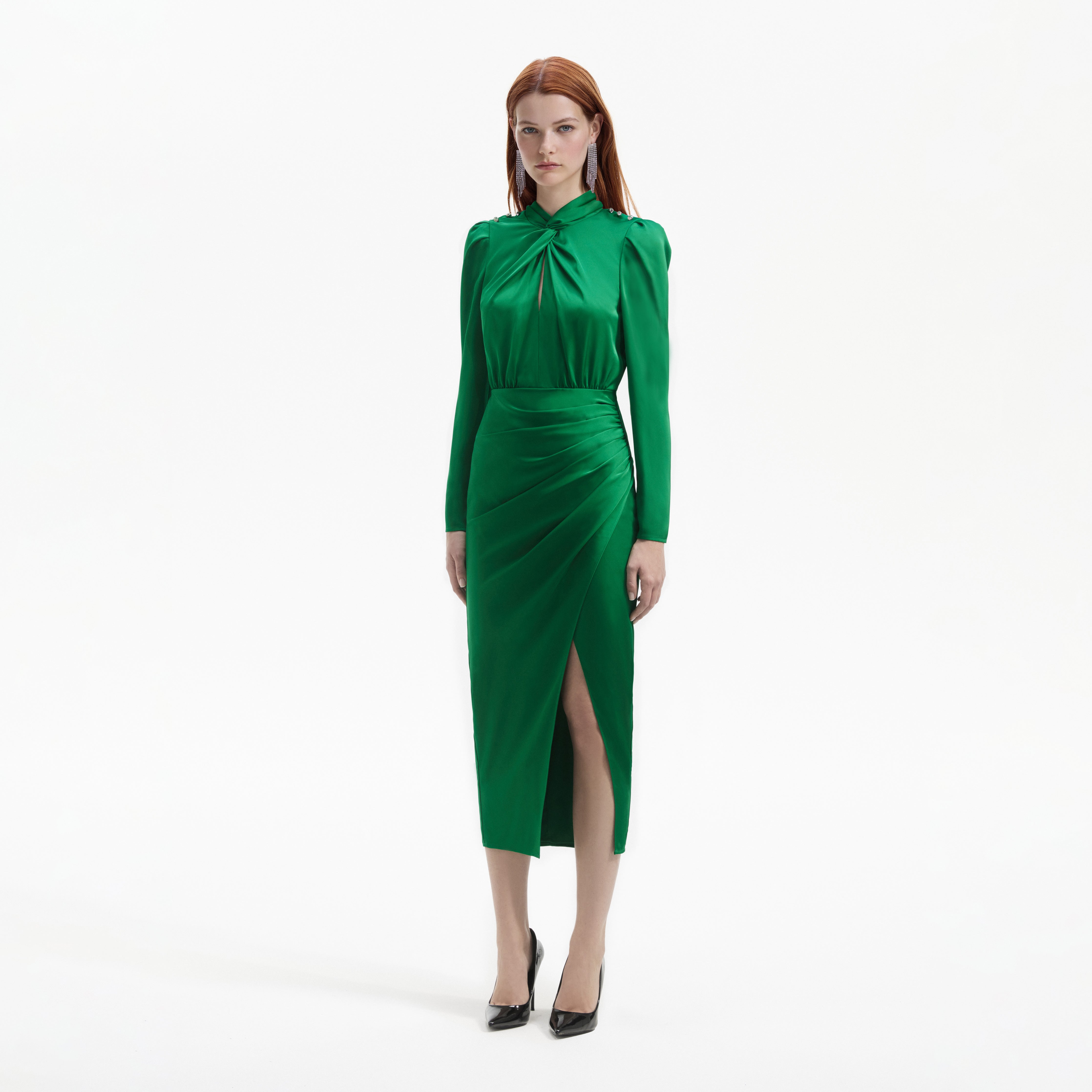 Green Satin High Neck Midi Dress – self-portrait-US