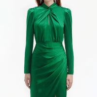 Green Satin High Neck Midi Dress