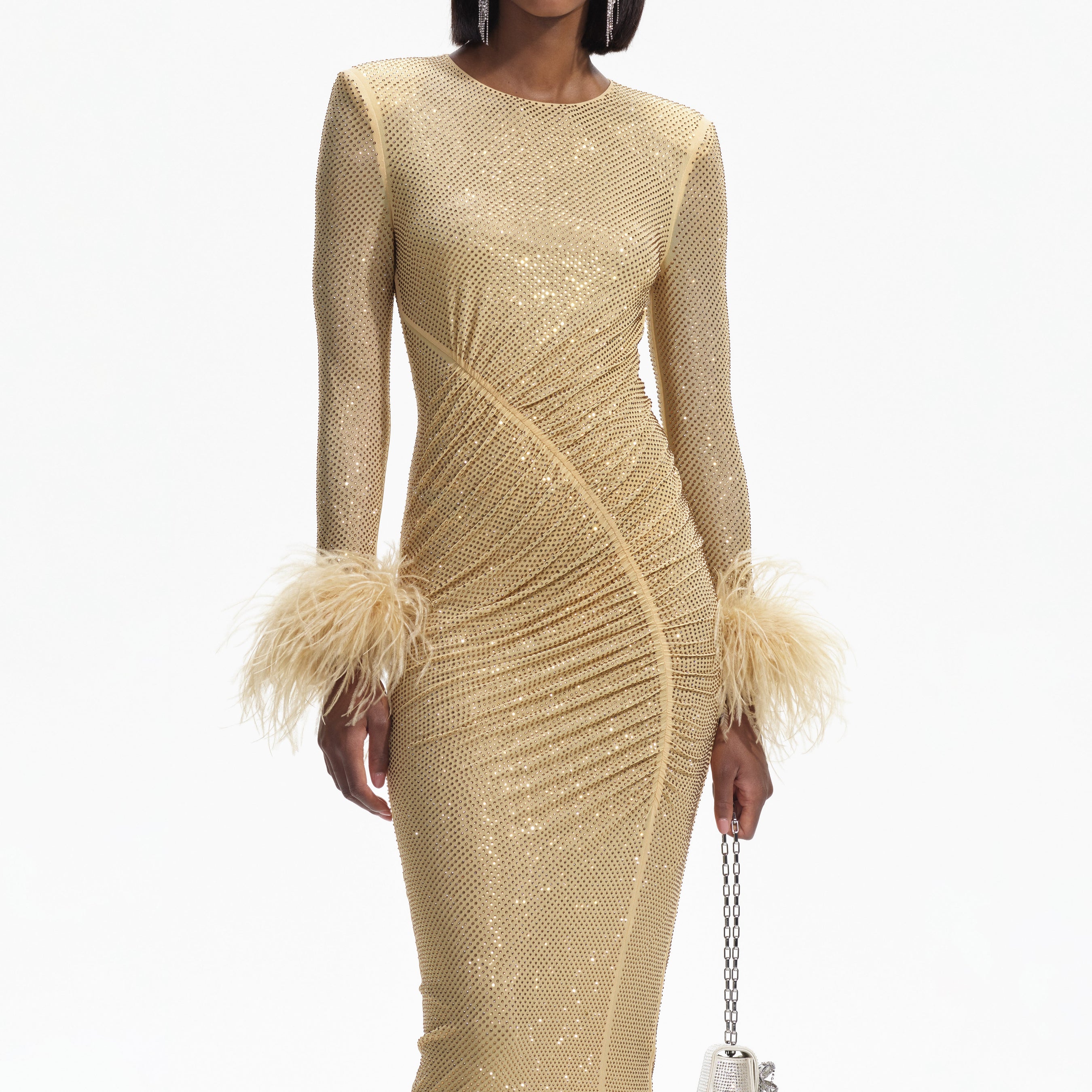 Gold Rhinestone Feather Midi Dress