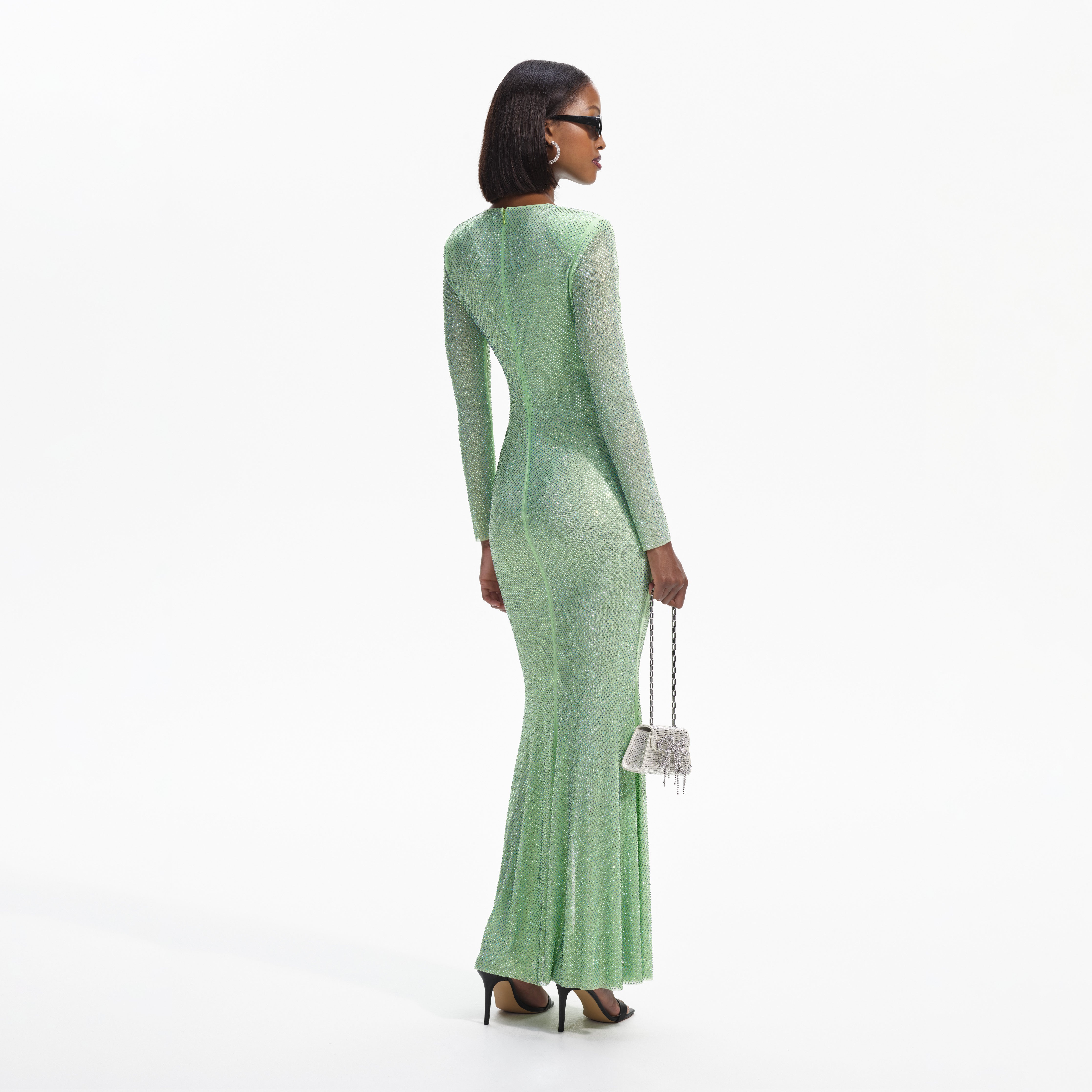 Self Portrait Green Rhinestone Mesh Maxi Dress US 2