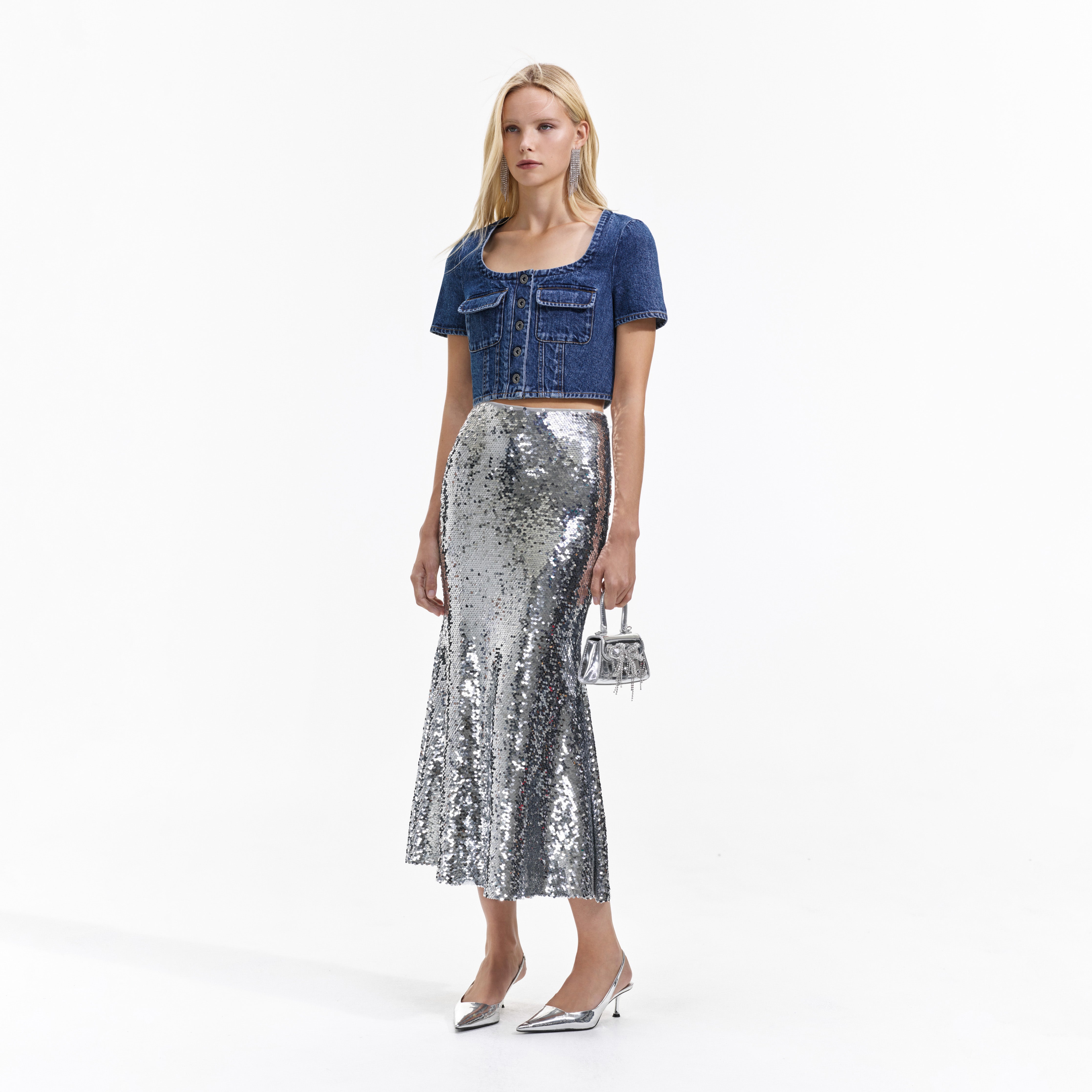 Idol silver asymmetric discount sequin midi skirt