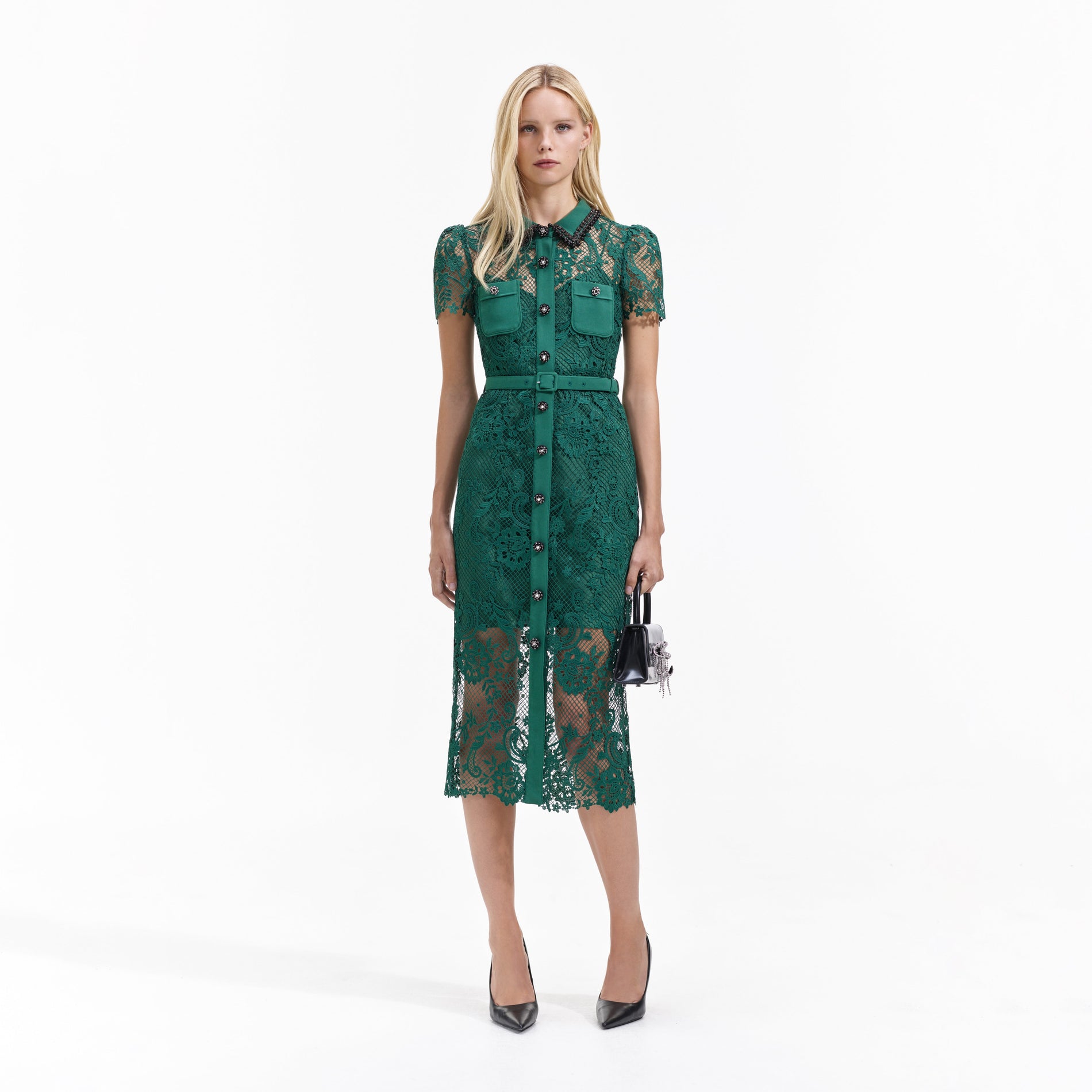 Green Lace Button Front Midi Dress