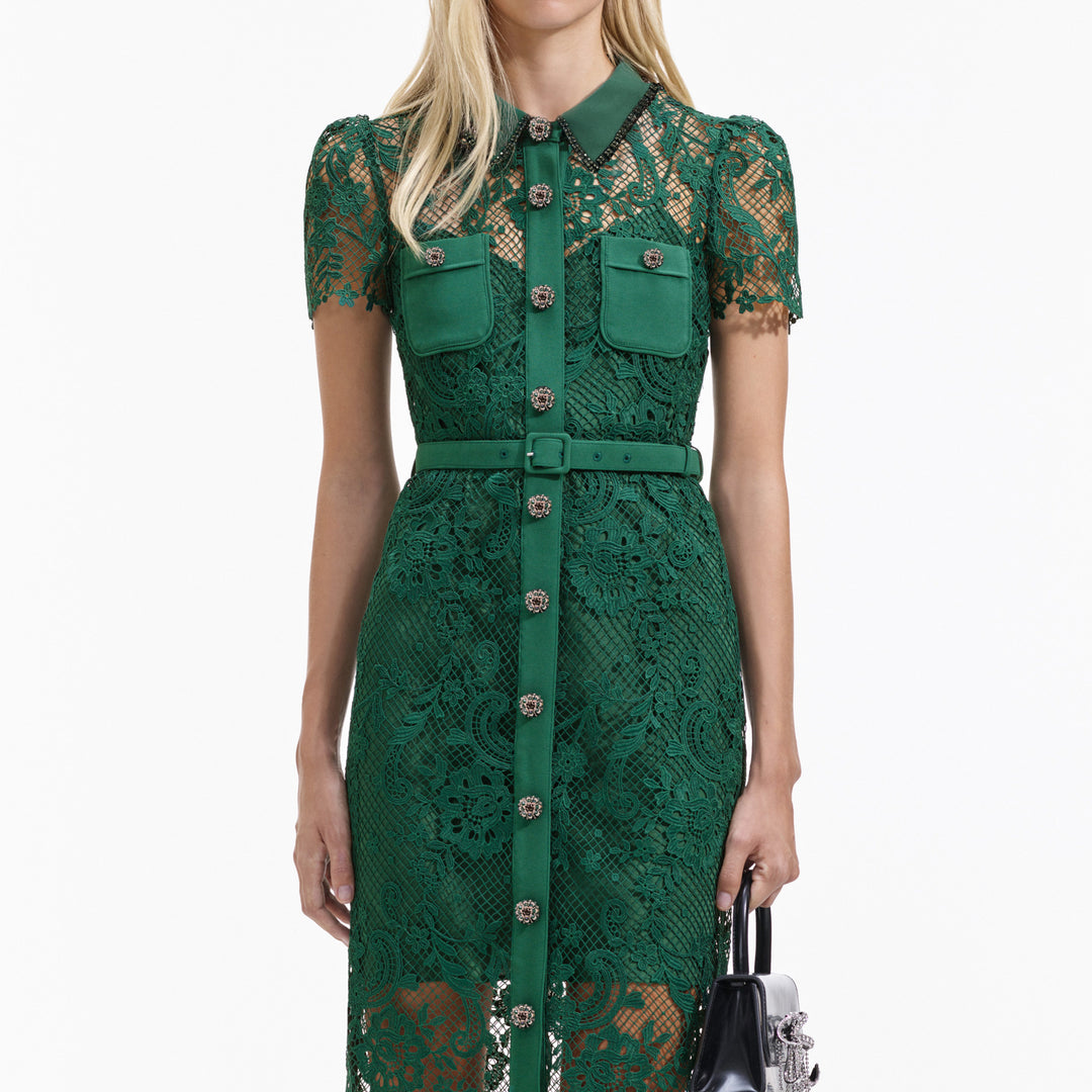 Green Lace Button Front Midi Dress – self-portrait-US