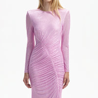 Pink Rhinestone Mesh Gathered Midi Dress
