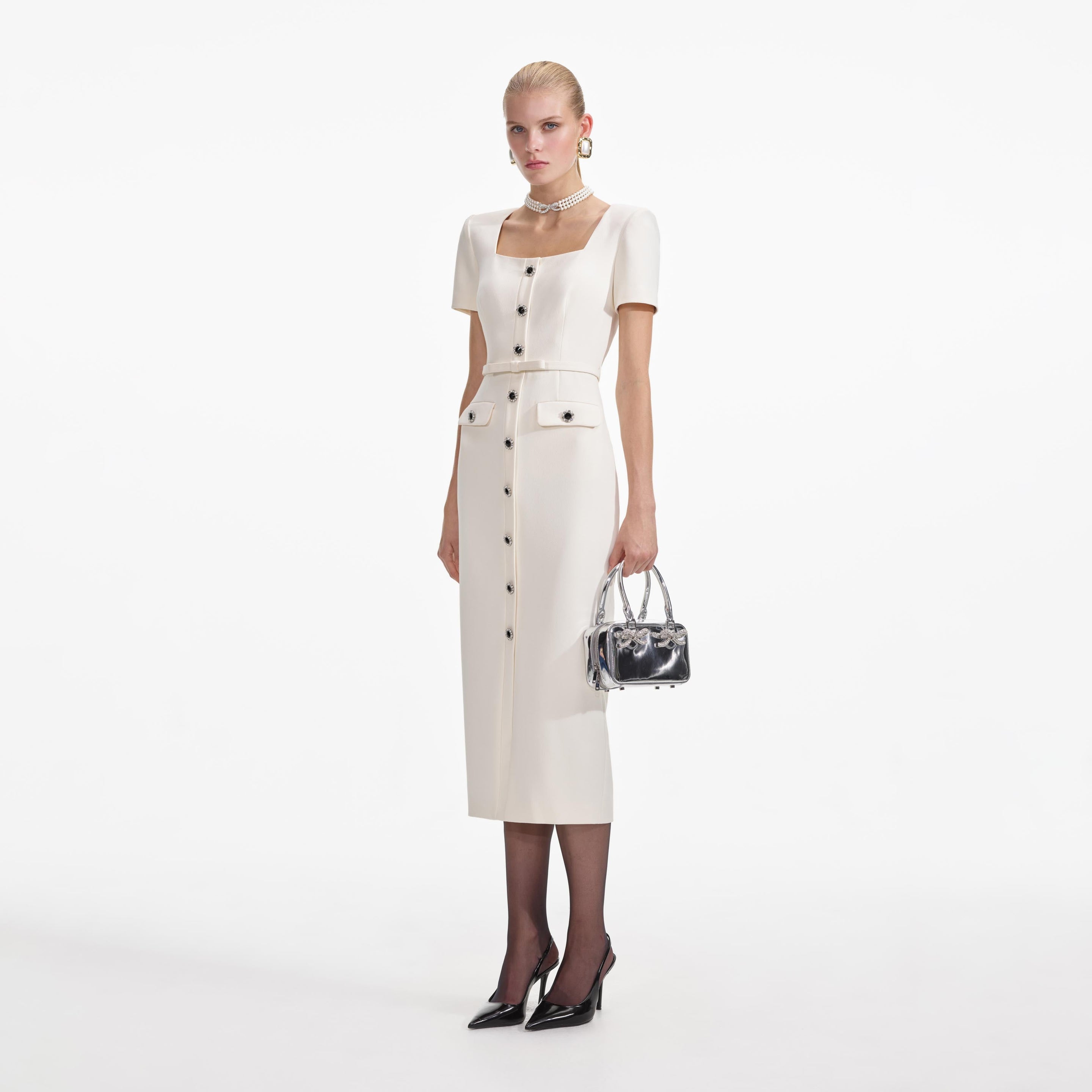 self-portrait - Cream Crepe Button Midi Dress