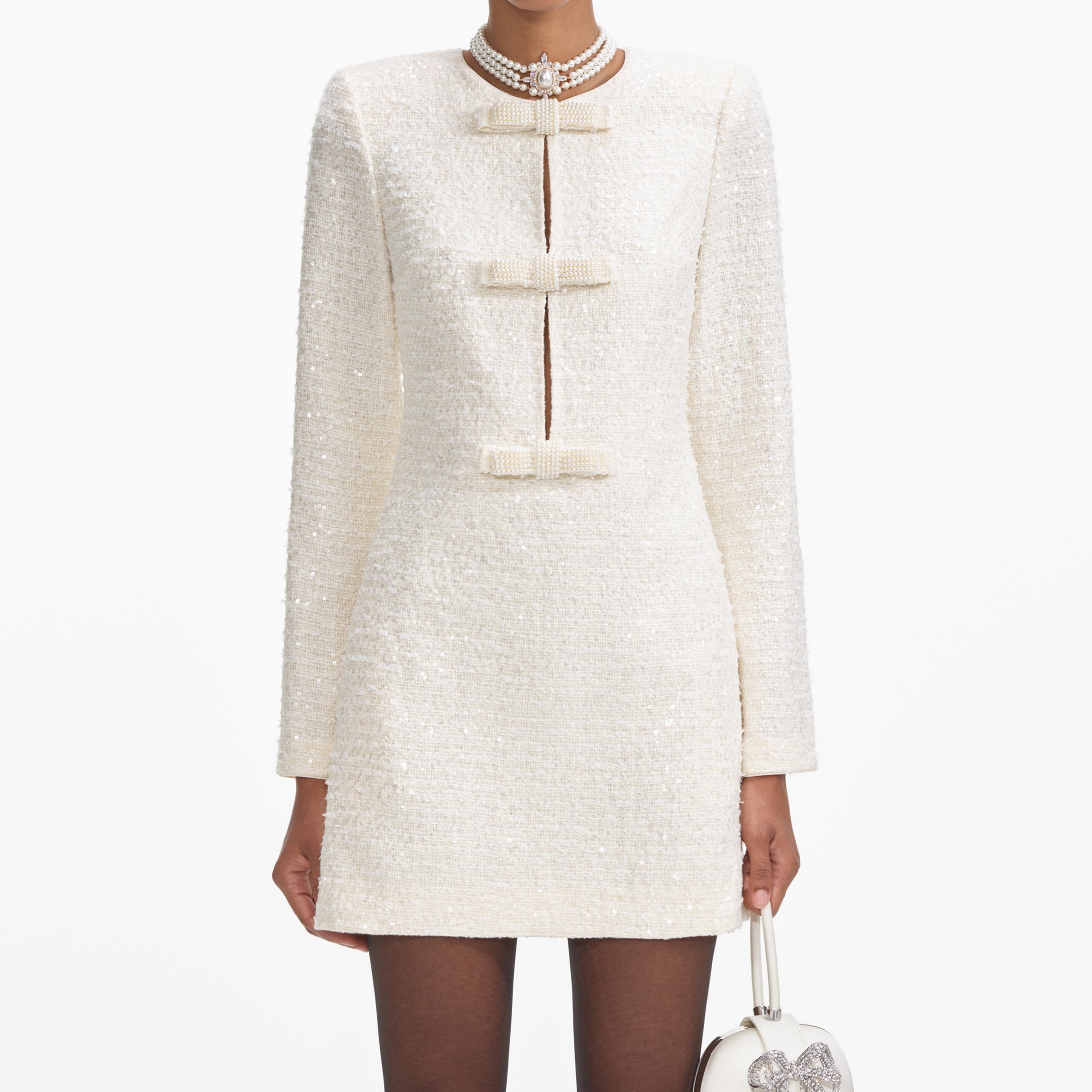 Cream Boucle Diamante Bow Mini Dress – self-portrait-US