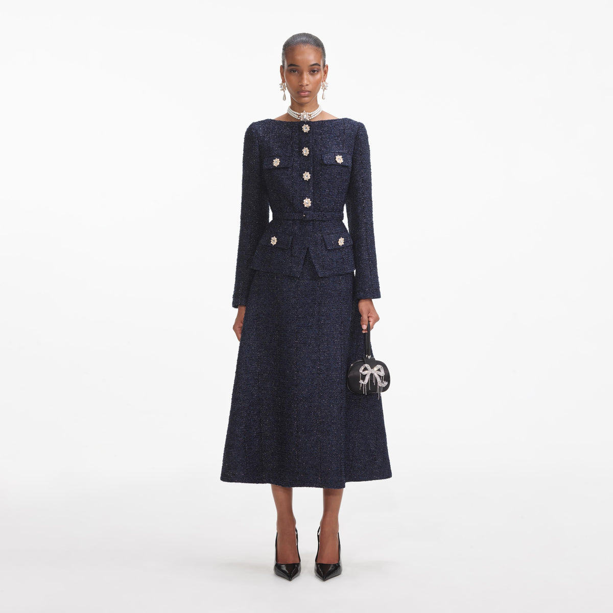 Navy Metallic Structured Boucle Midi Dress – self-portrait-US