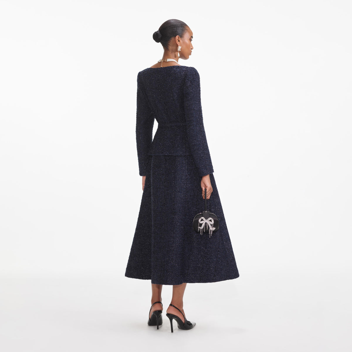 Navy Metallic Structured Boucle Midi Dress self-portrait-US Navy Metallic Structured Boucle Midi Dress self-portrait-US