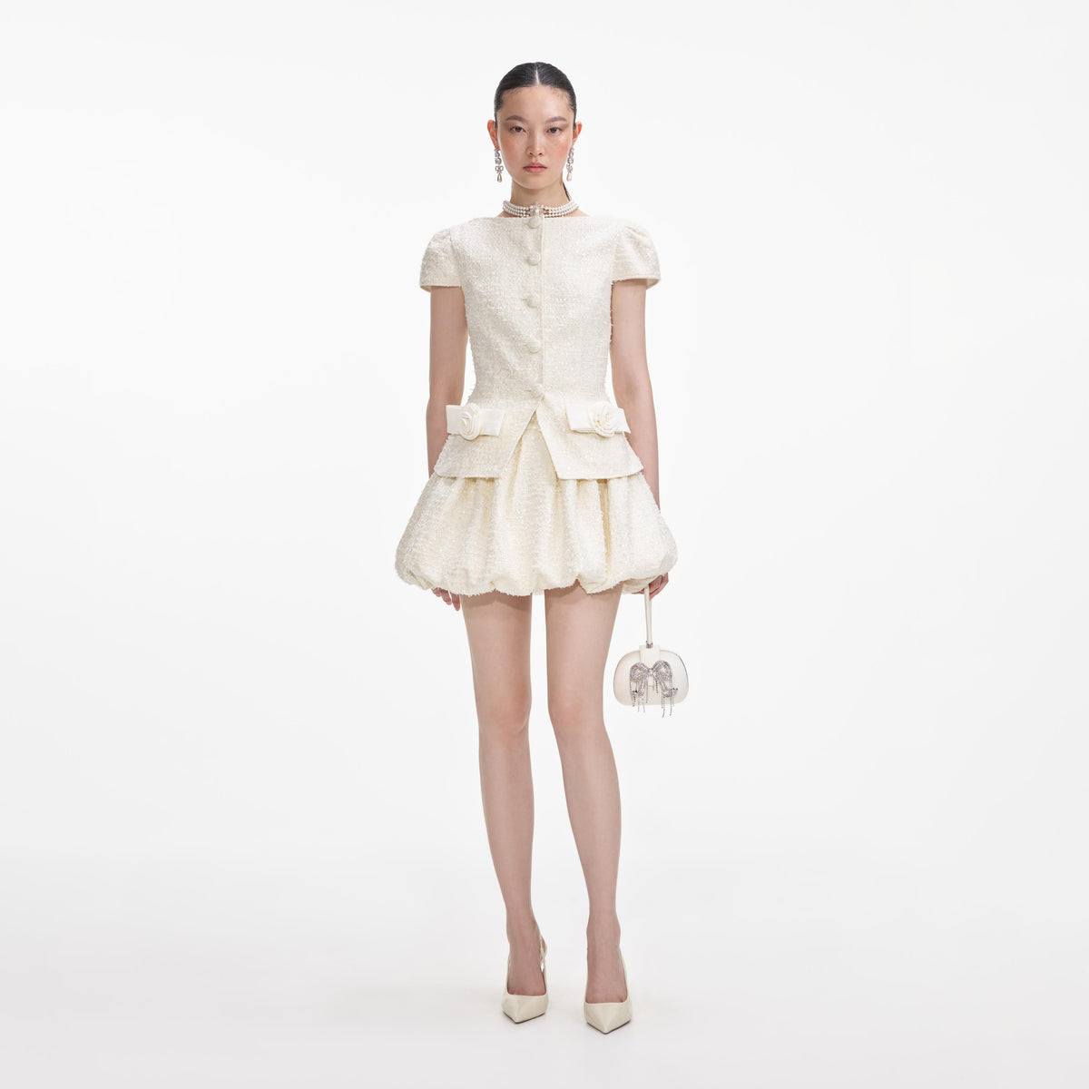 self-portrait off-the-shoulder bow mini dress self-portrait Boucle Bow Detail Mini Dress
