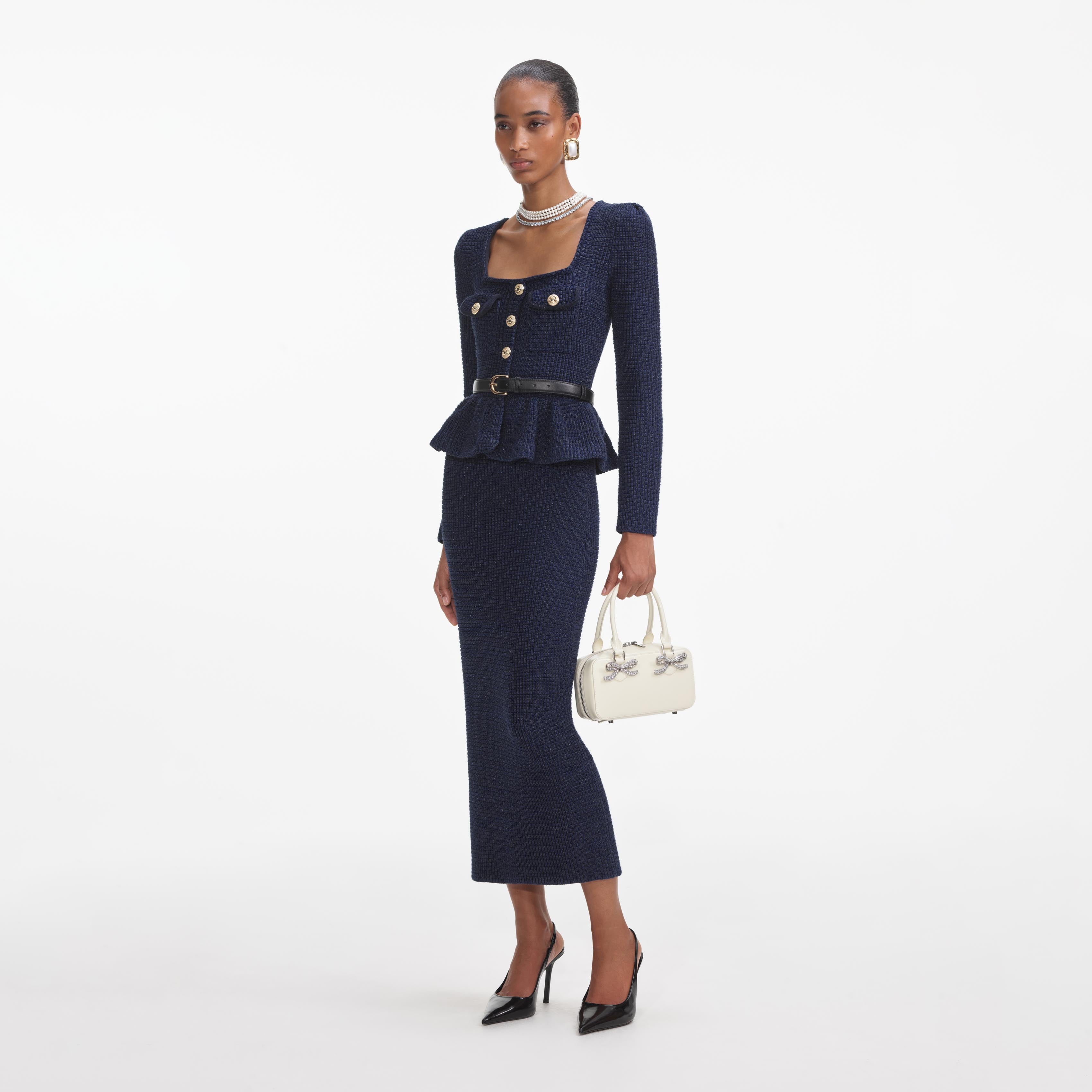 Navy Knit Peplum Midi Dress self portrait US