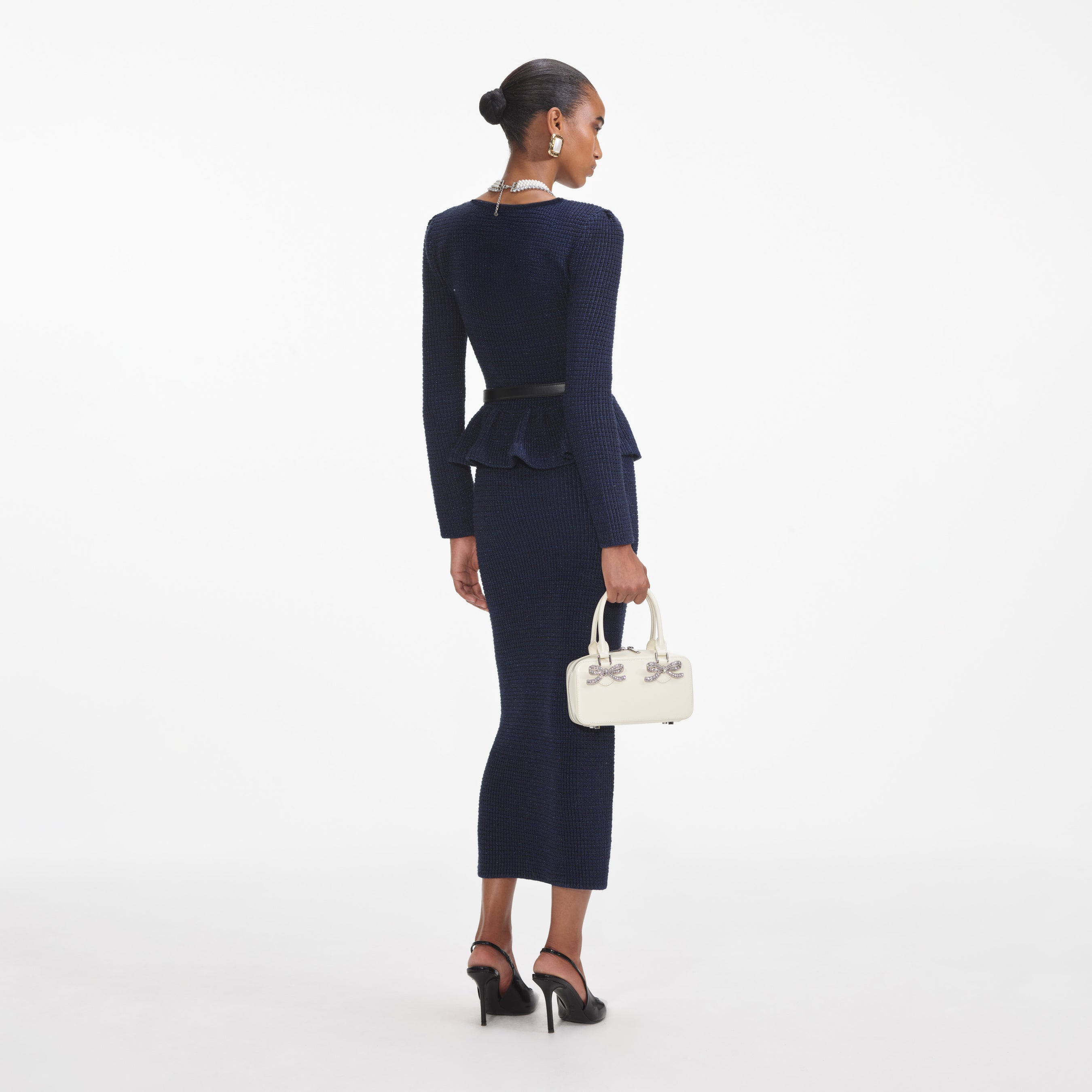 Navy Knit Peplum Midi Dress