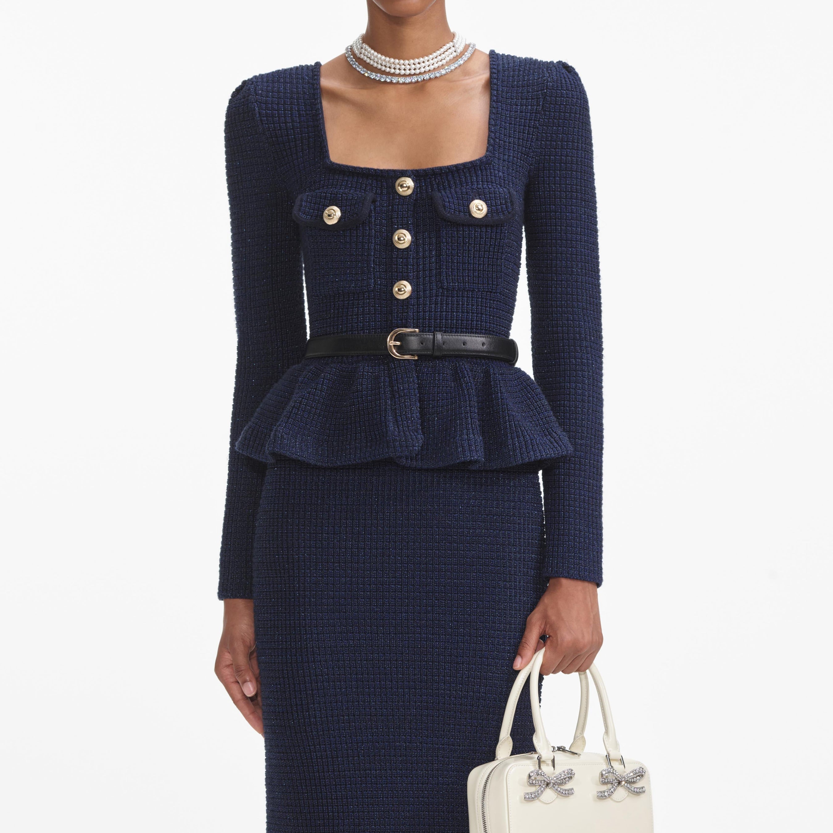 Navy Knit Peplum Midi Dress