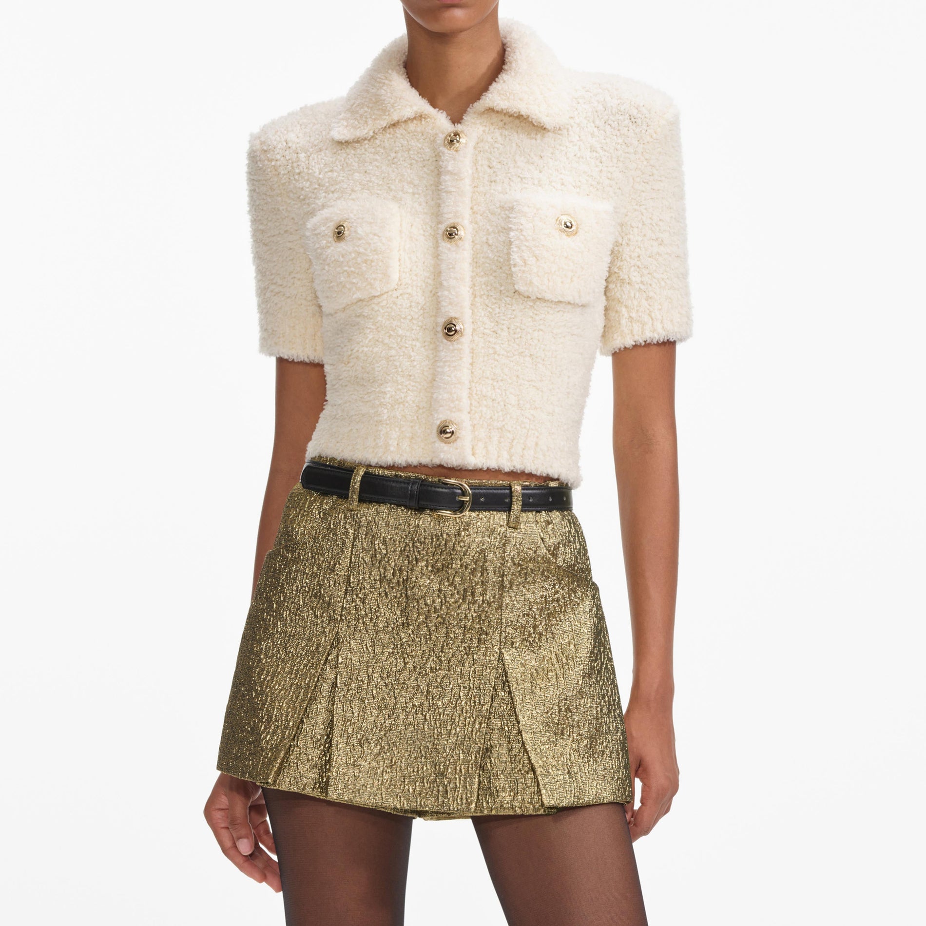 A close up of a woman wearing the Cream Fluffy Knit Top