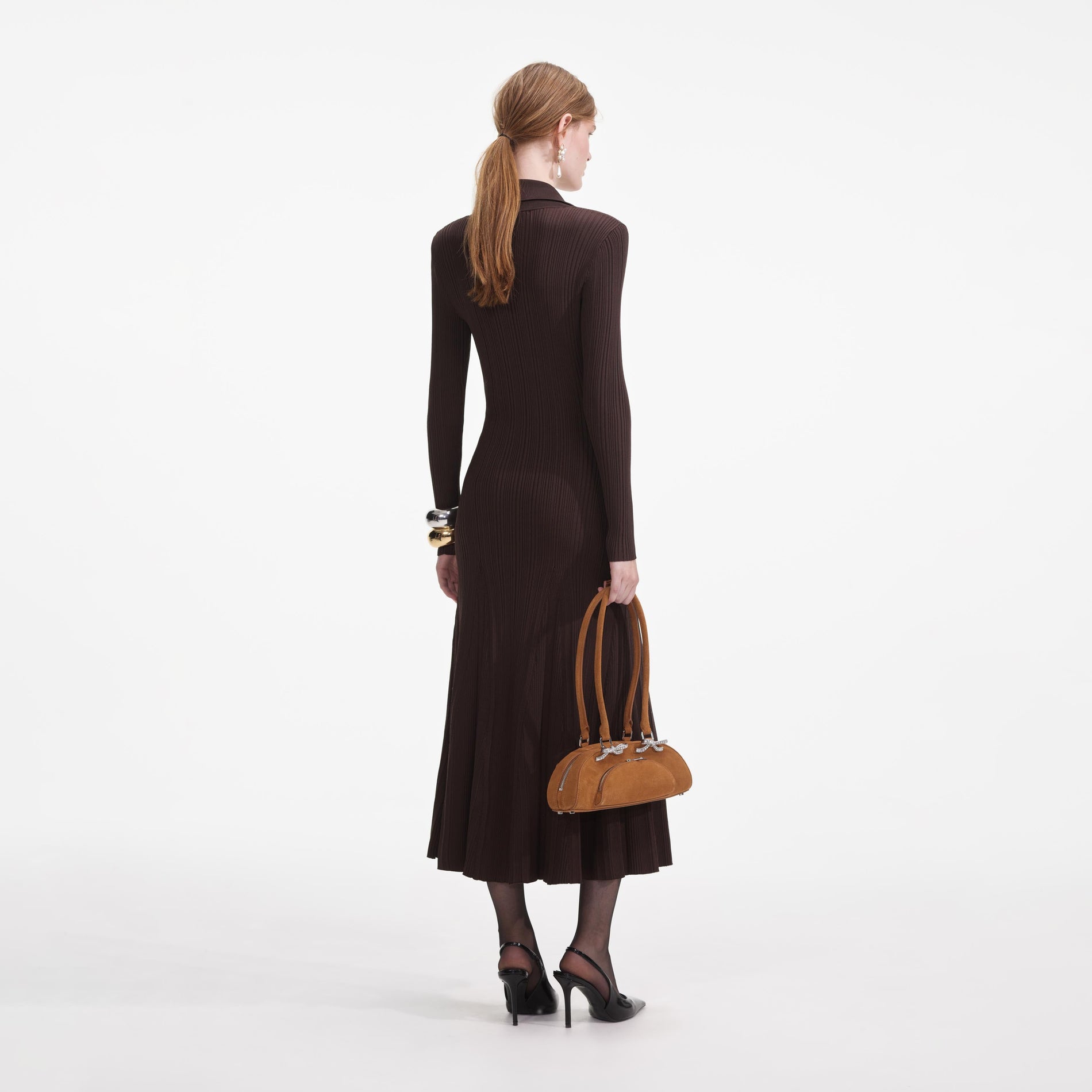 Back view of a woman wearing the Brown Viscose Rib Knit Midi Dress