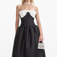 Black Taffeta Contrast Bow Midi Dress