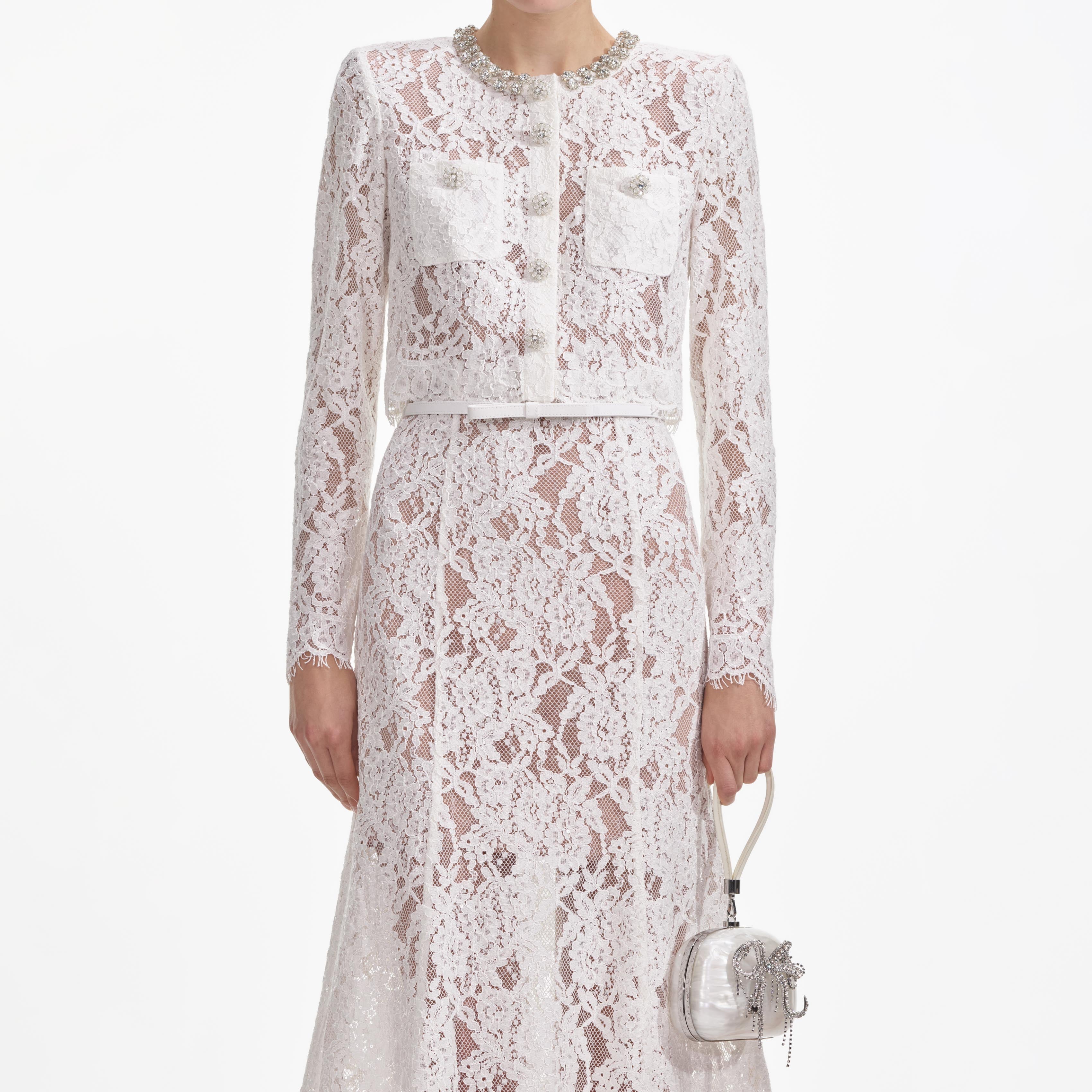 White Lace Embellished Midi Dress – self-portrait-US