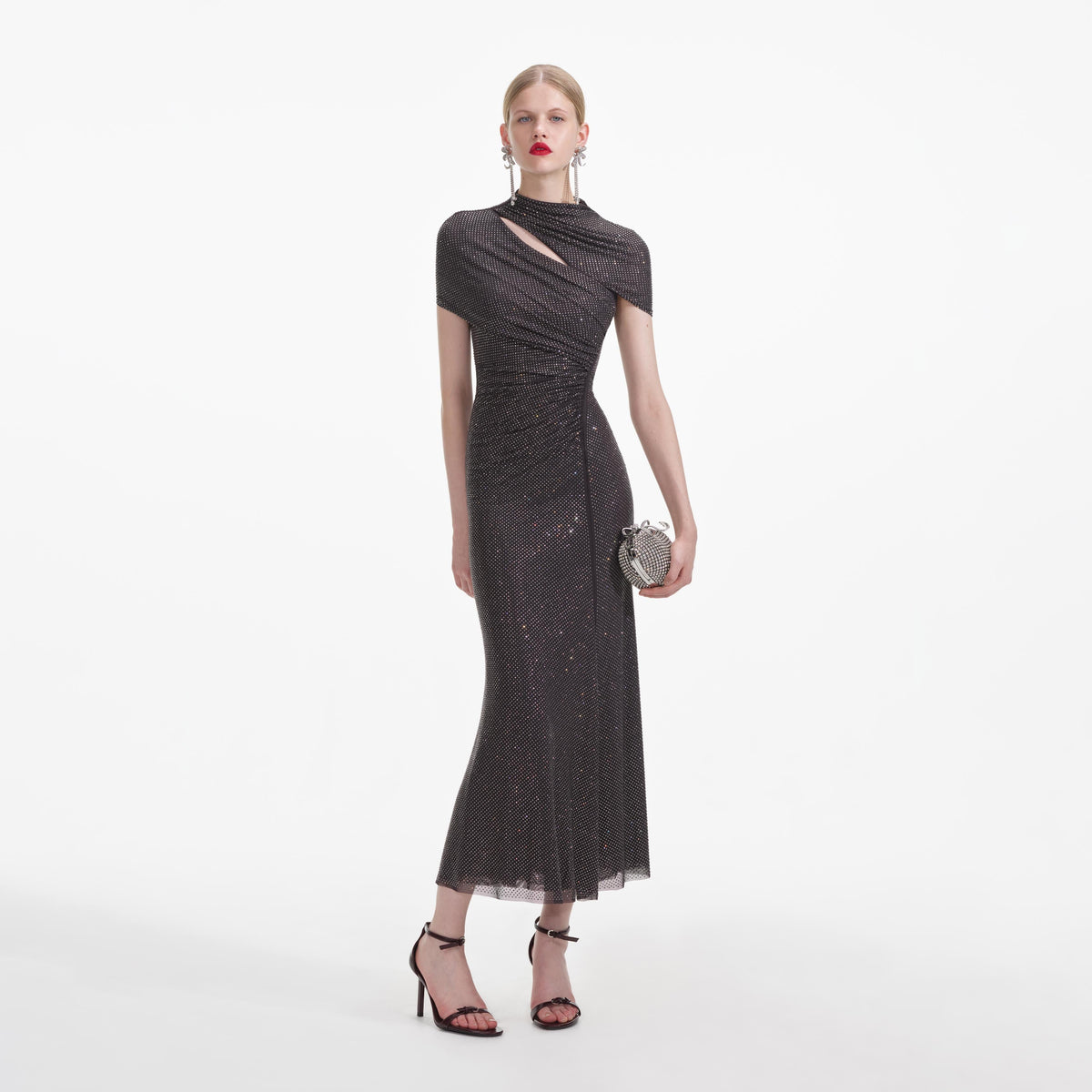 Slate Rhinestone Mesh Cut Out Midi Dress – self-portrait-US