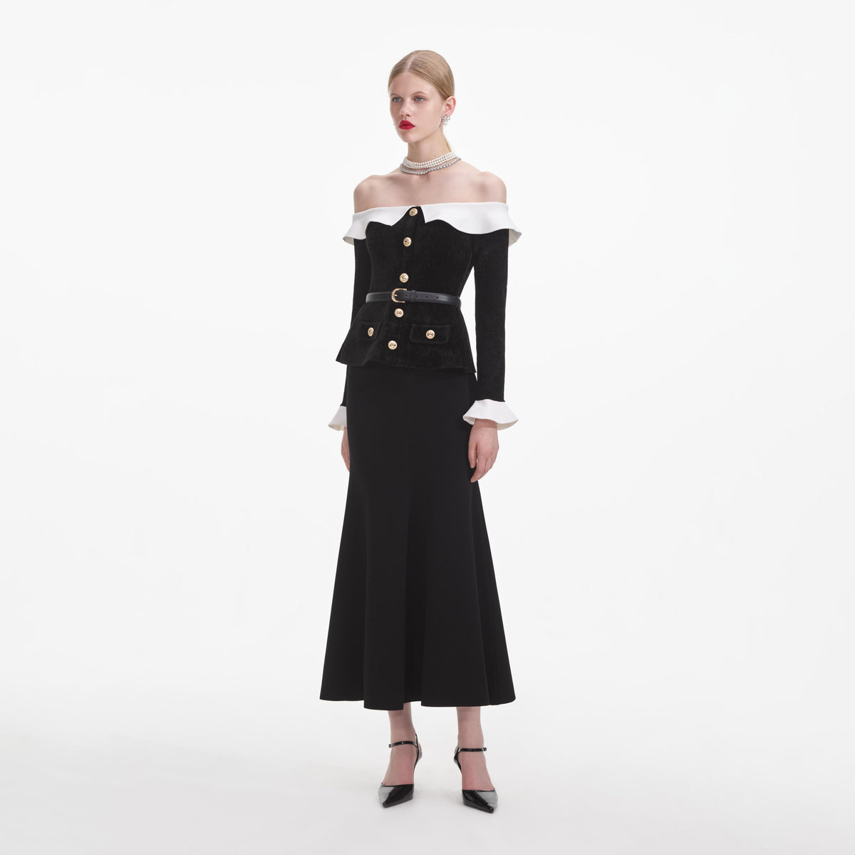 self portrait textured off shoulder midi dress self-portrait Off Shoulder Midi Dress in Cream