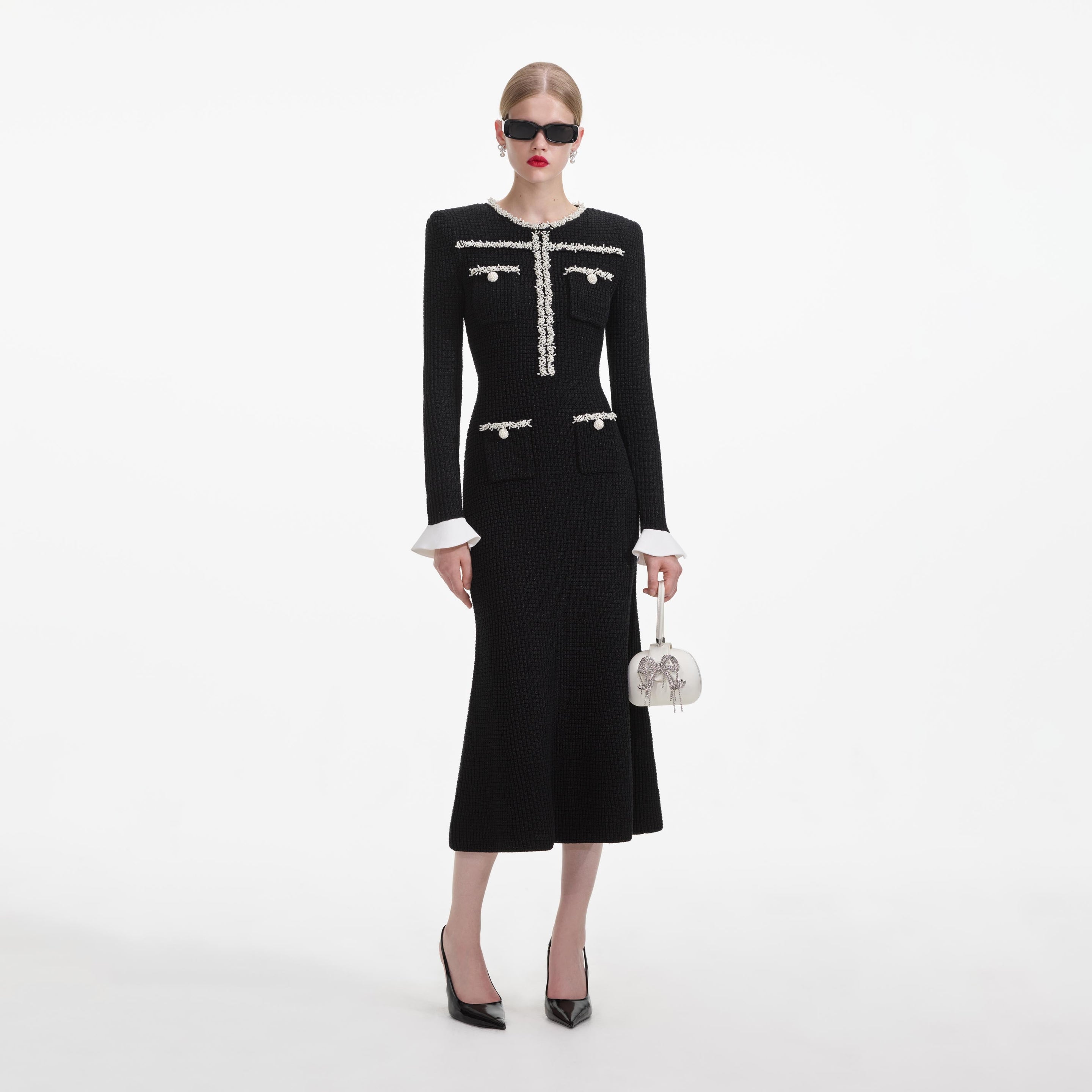 Black Pearl Trim Knit Midi Dress – self-portrait-US
