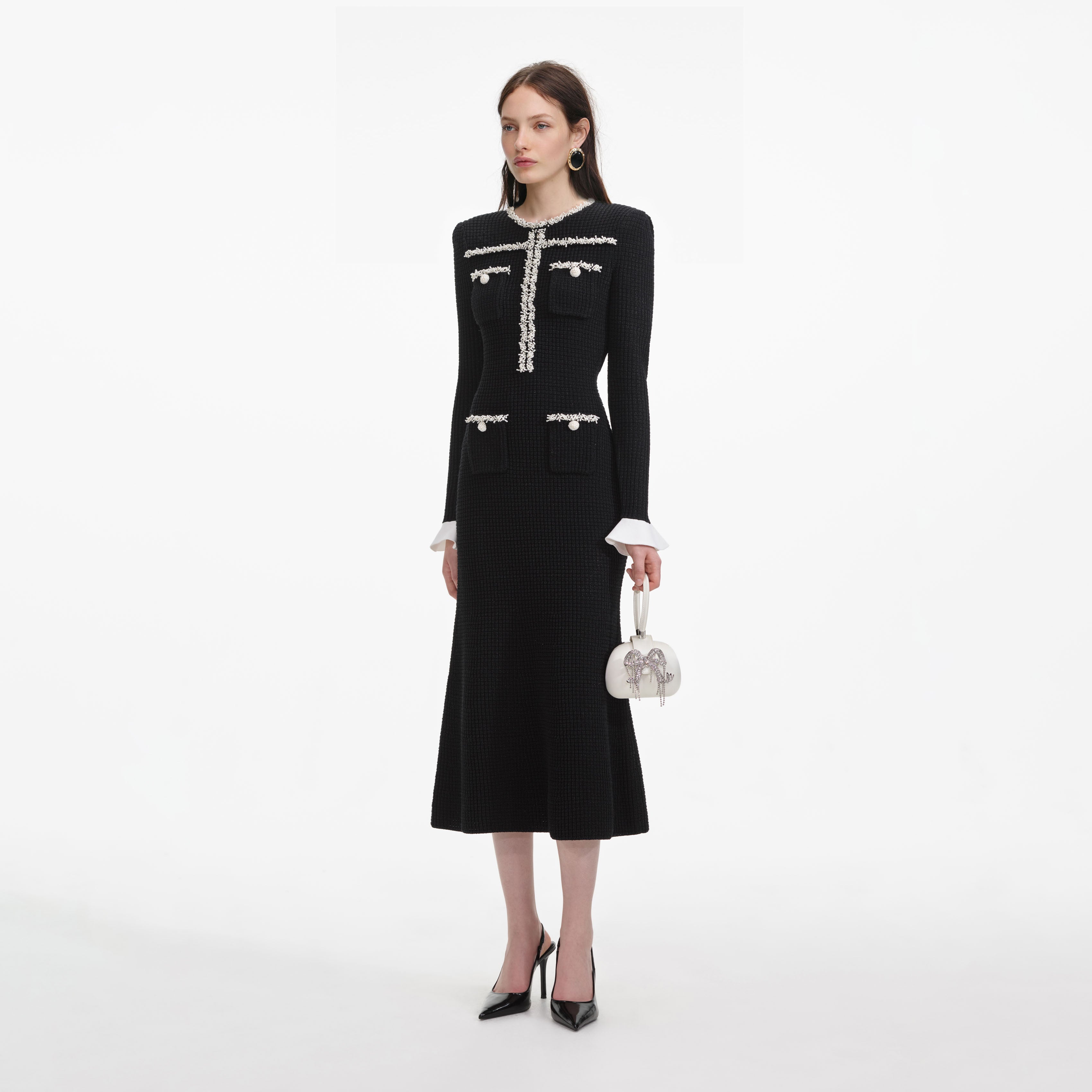 Black Crochet Knit Midi Dress – self-portrait-US