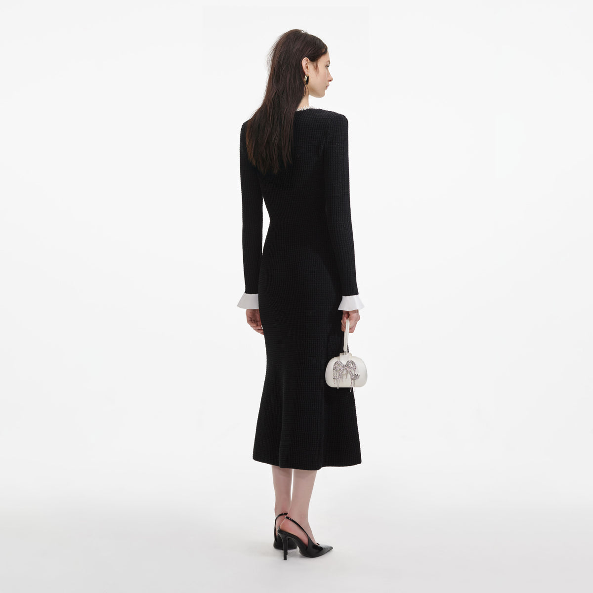 pearl trimmed knit dress Red Pearl Trim Knit Midi Dress  self-portrait