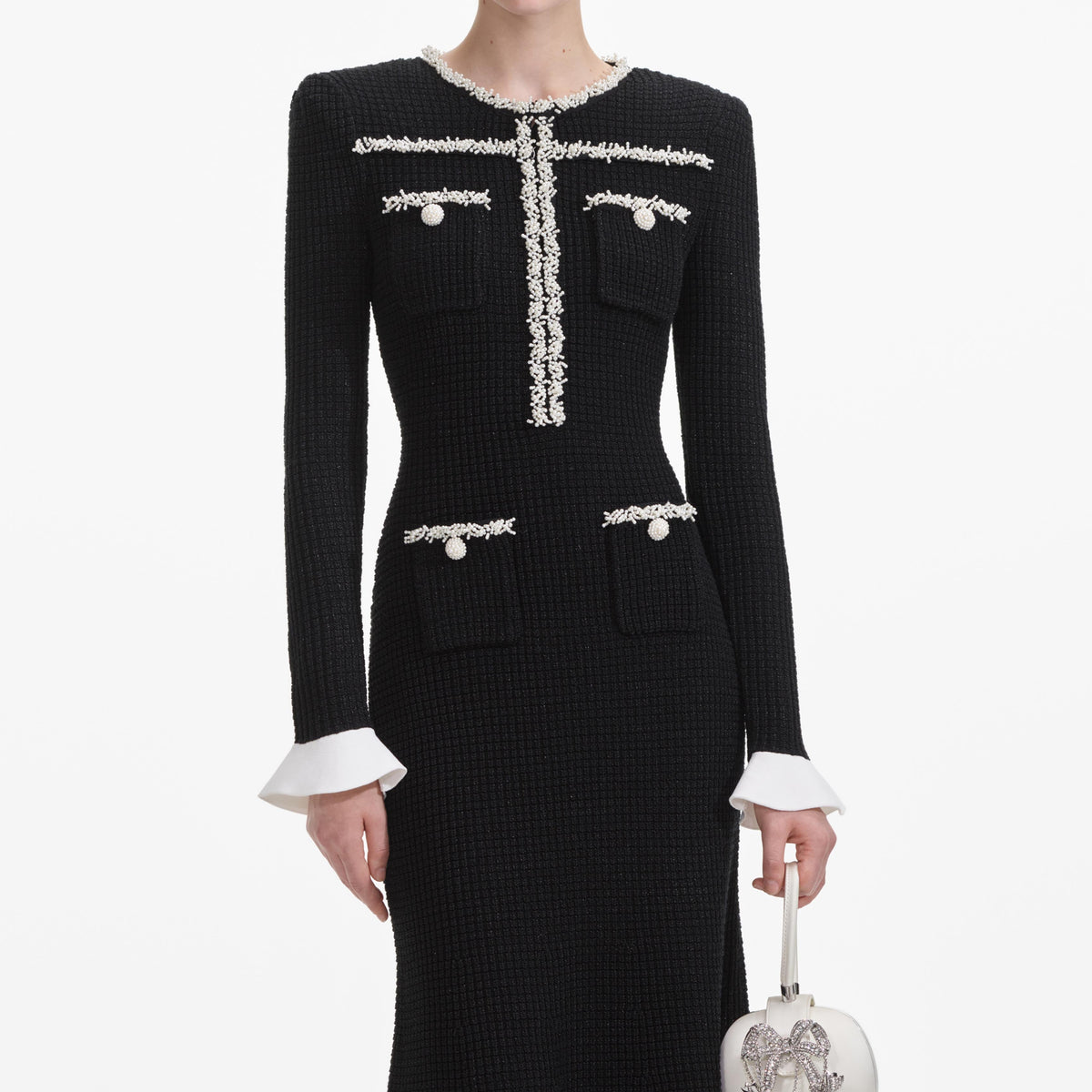 Black Pearl Trim Knit Midi Dress – self-portrait-US
