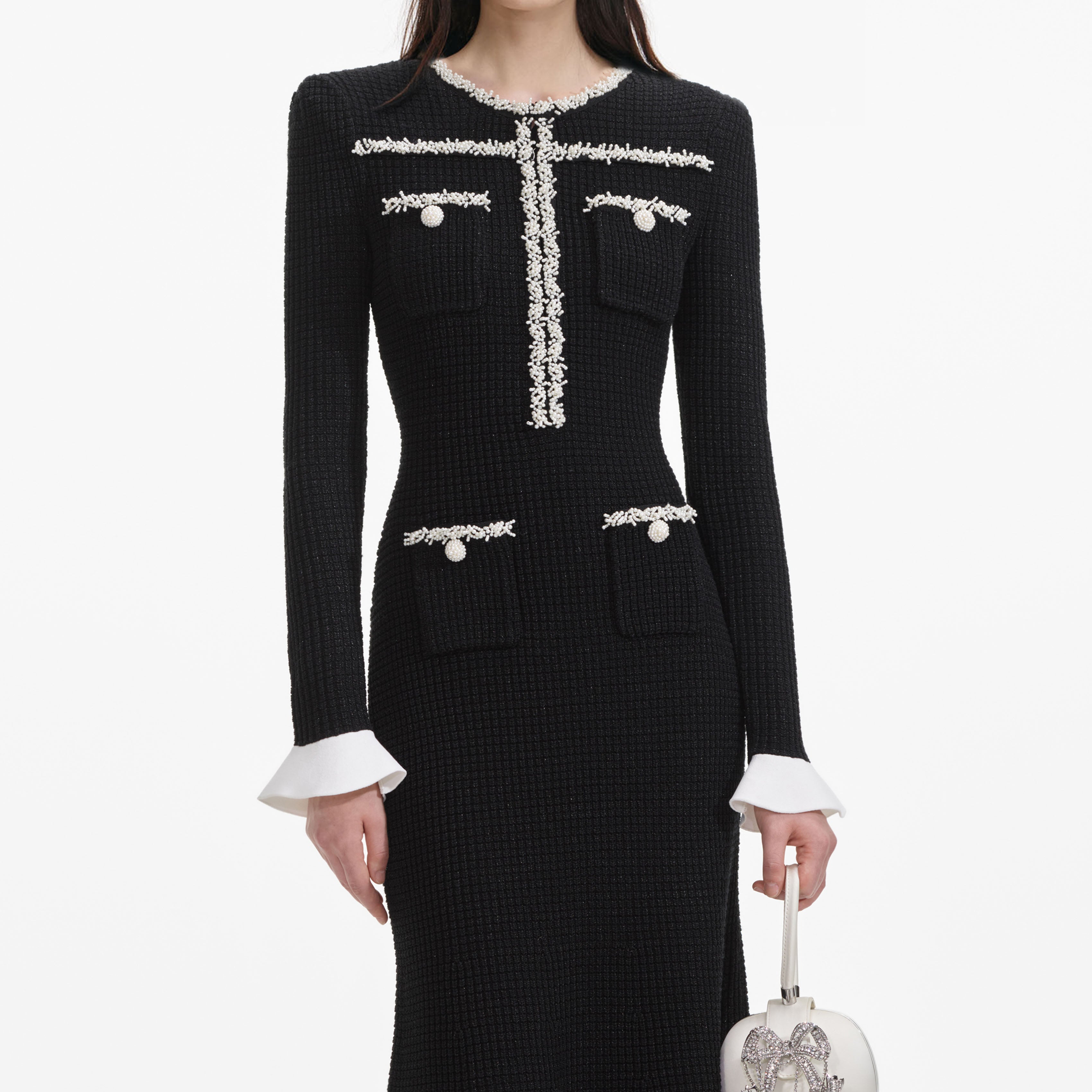 Black Pearl Trim Knit Midi Dress – self-portrait-US