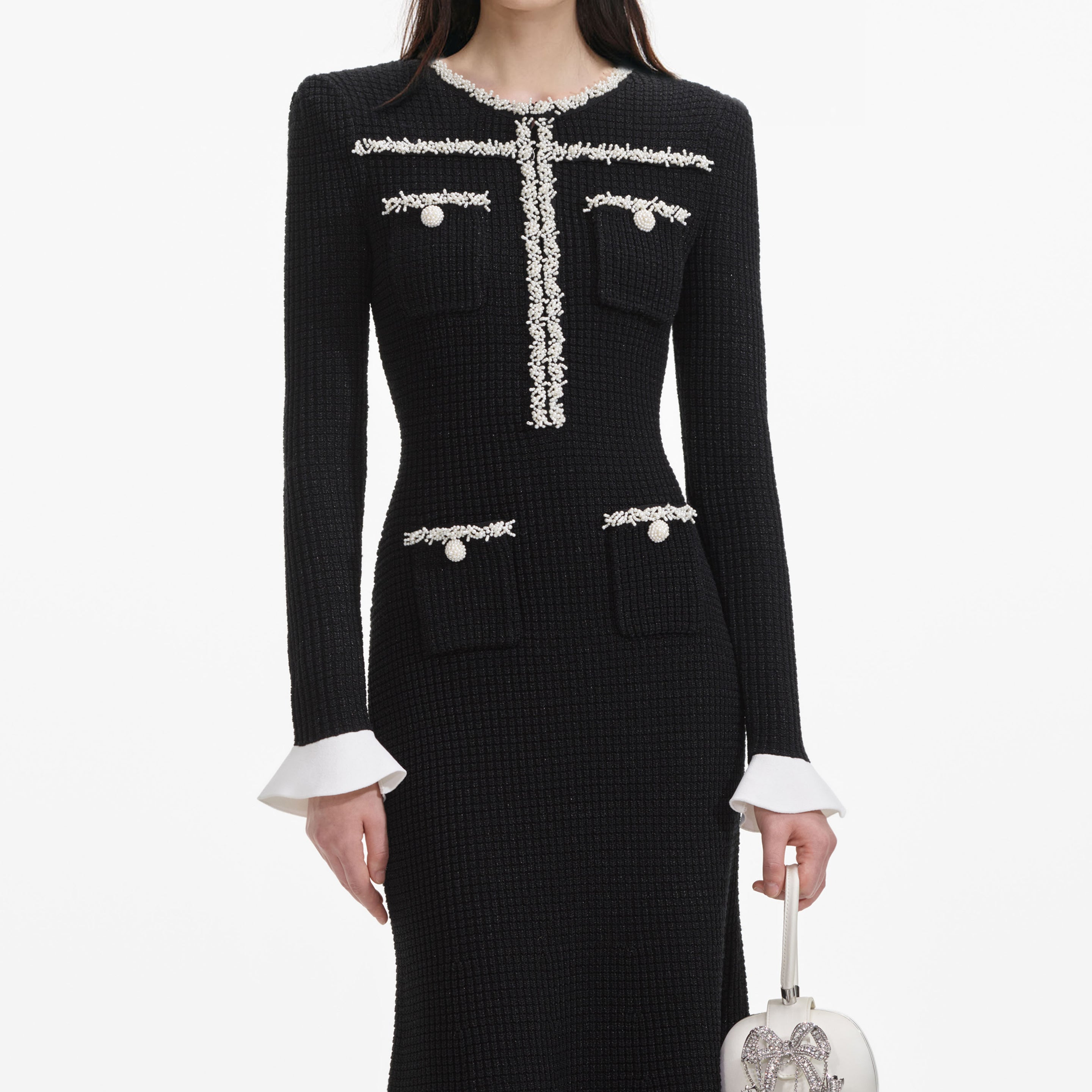 black dress white pearls self-portrait - Black Pearl Trim Knit Midi Dress