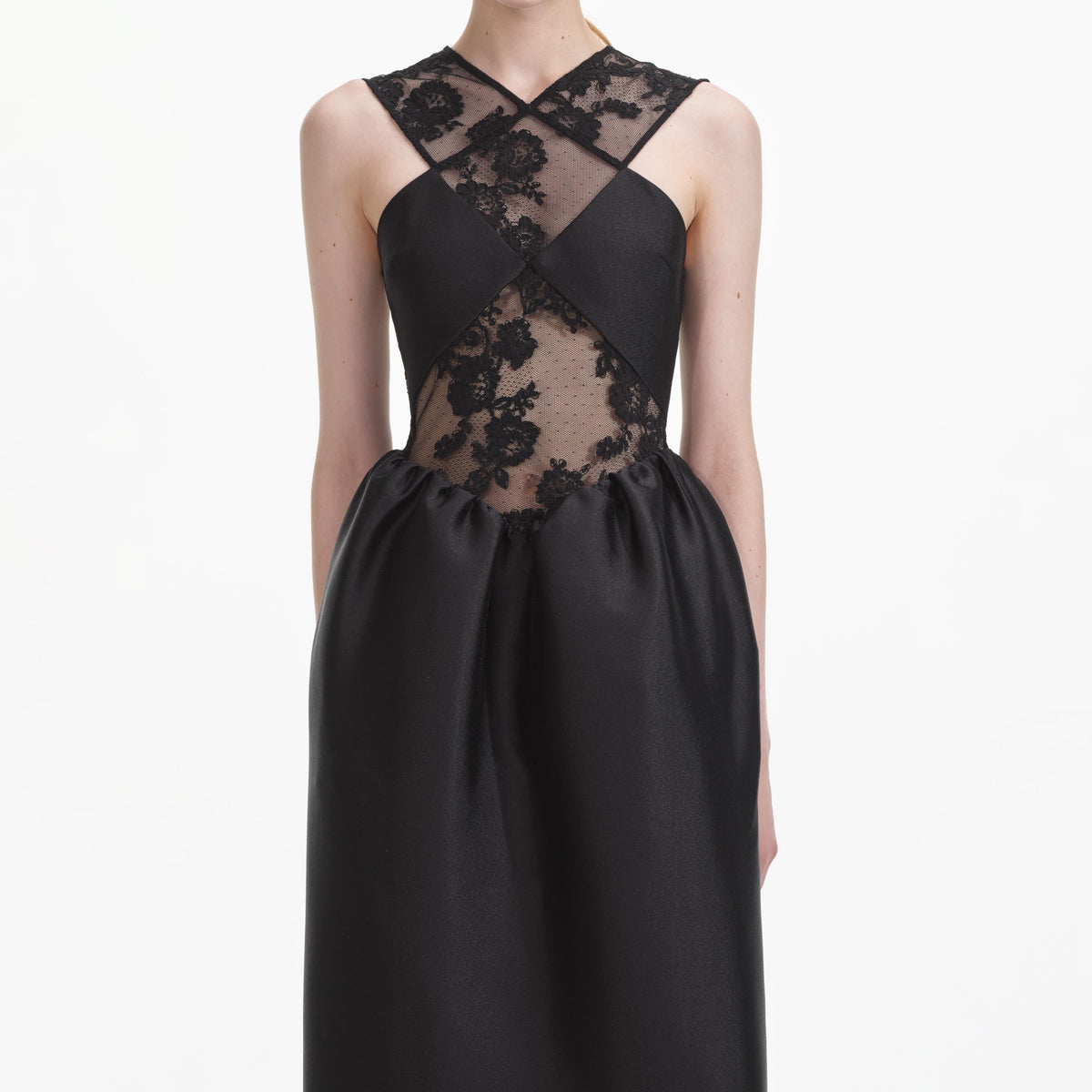 self portrait black fine lace maxi dress Satin-trimmed lace maxi dress - black