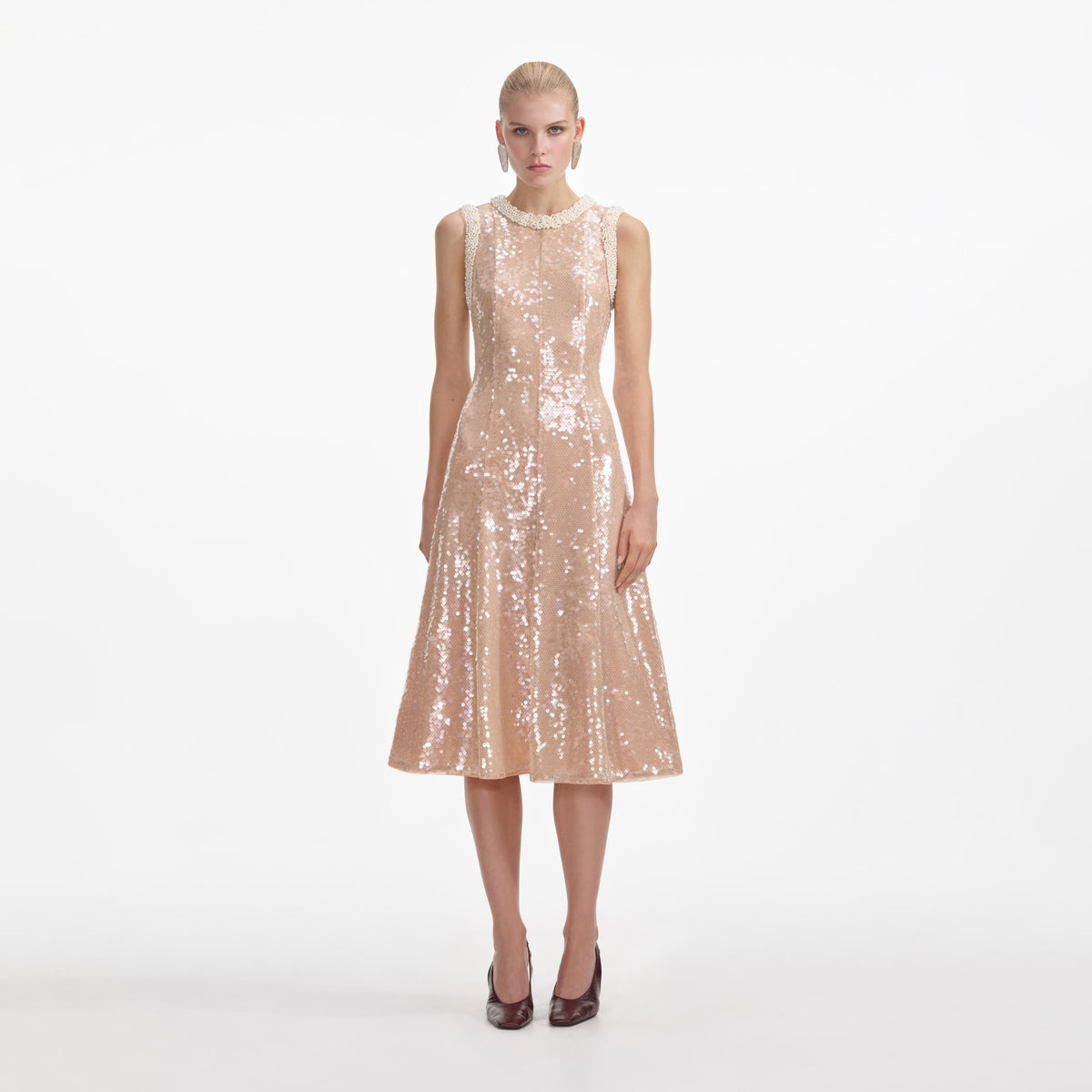 self-portrait - Sequin Pearl Trim Midi Dress