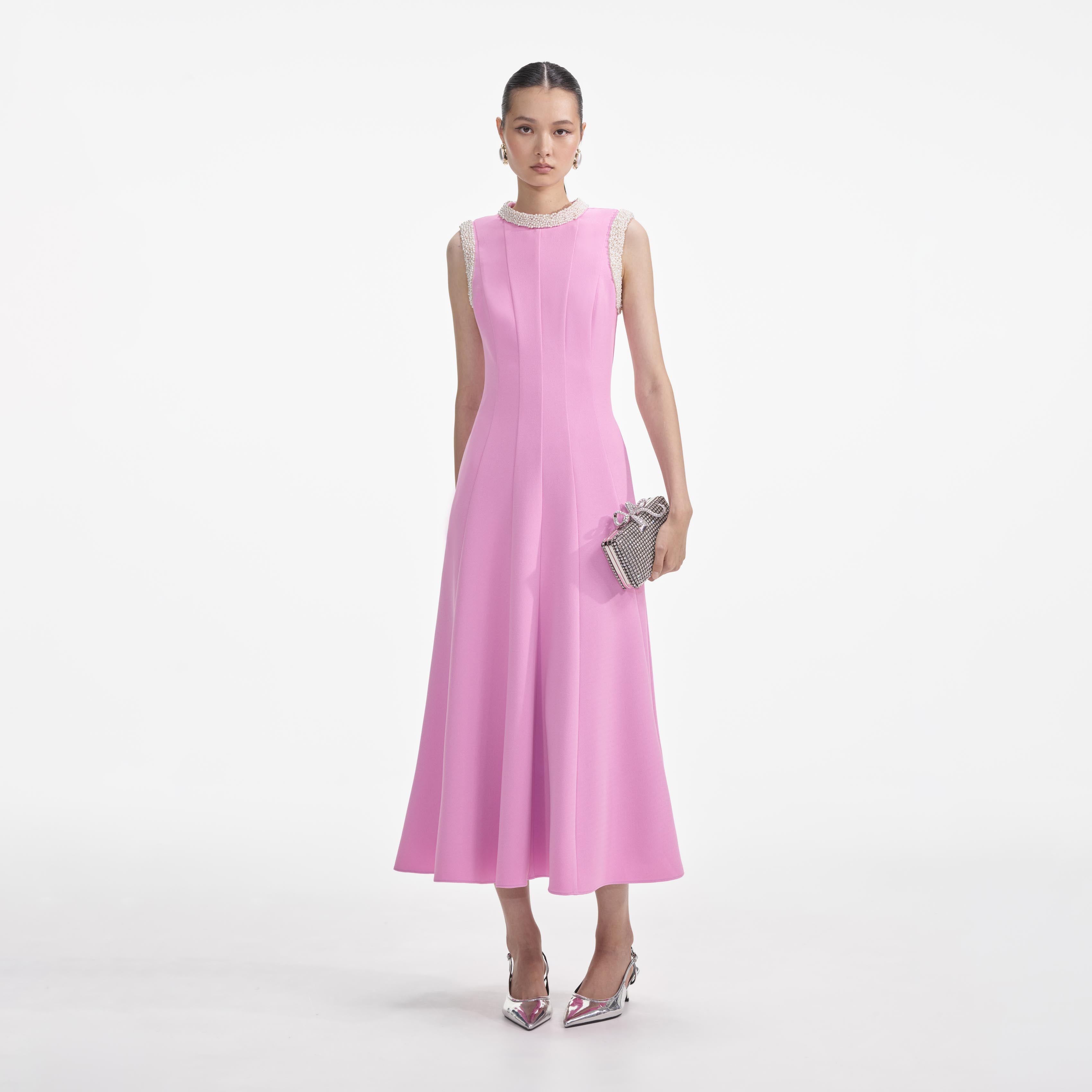Pink Crepe Pearl Trim Midi Dress – self-portrait-US