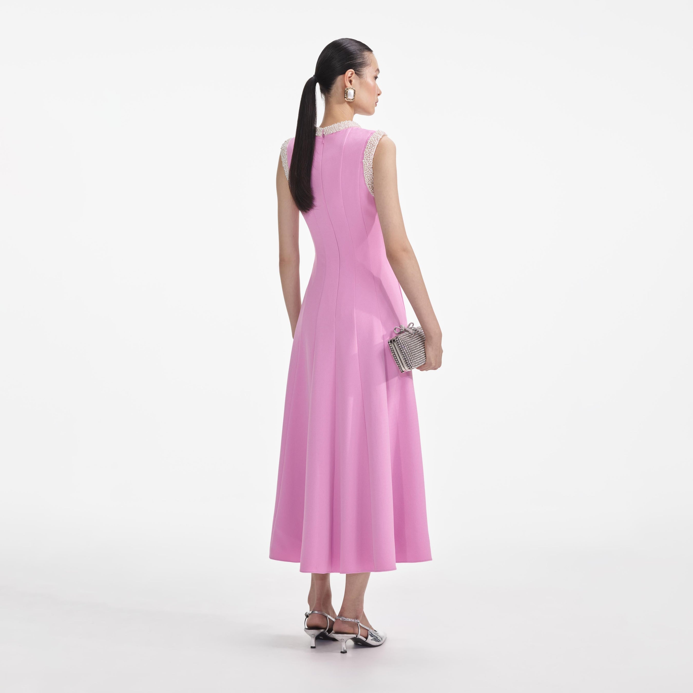 Pink Crepe Pearl Trim Midi Dress