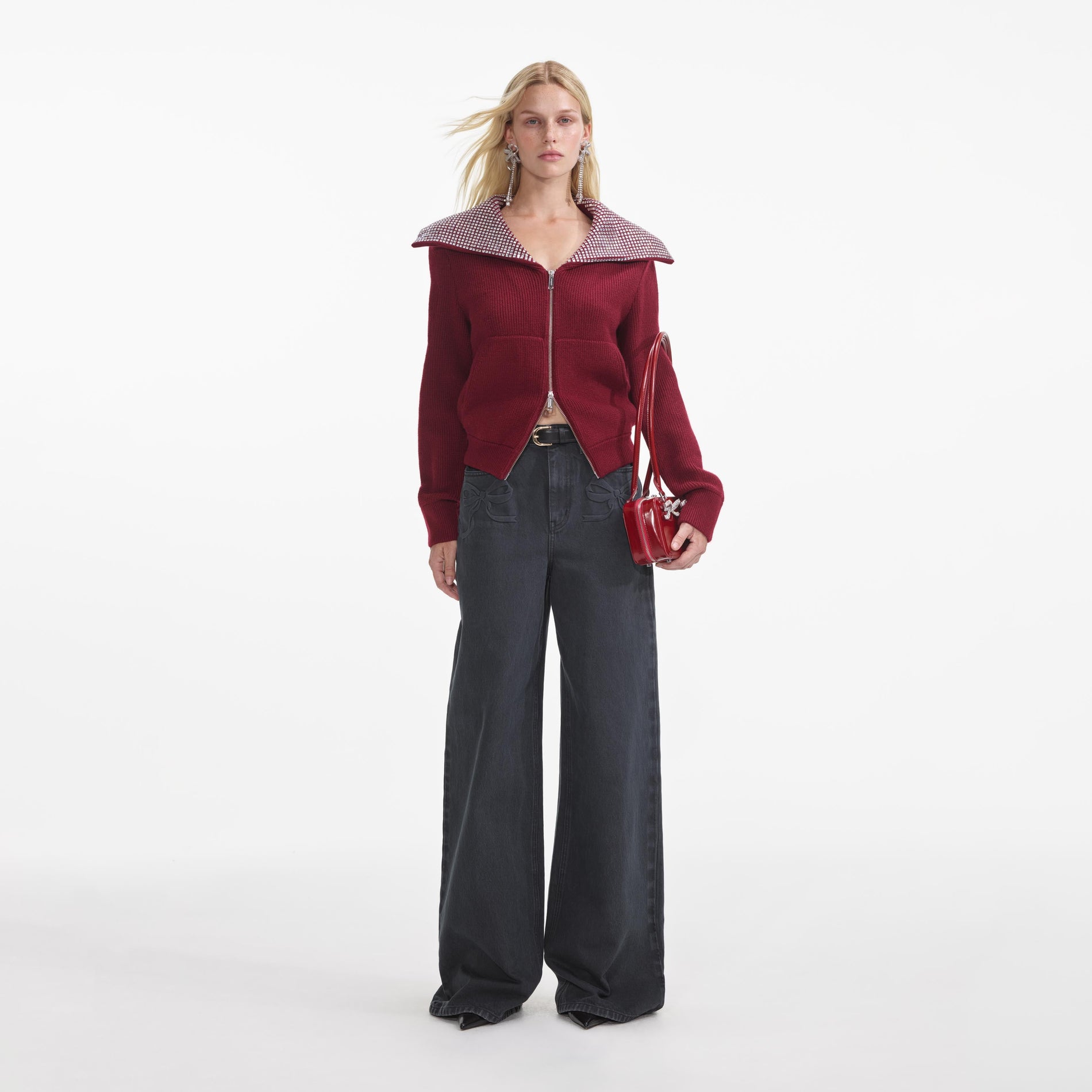 Burgundy Diamante Collar Knit Jacket