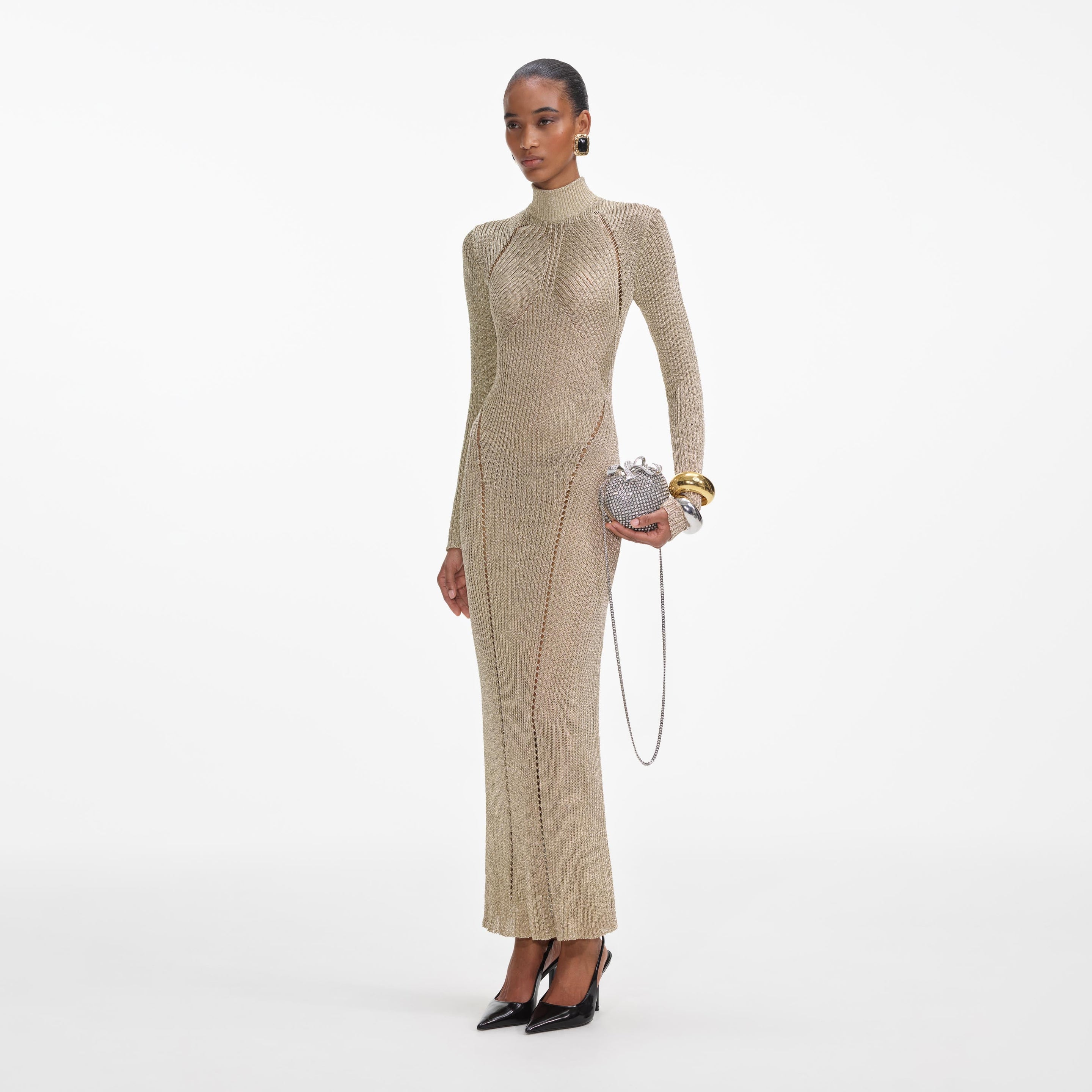 self-portrait - Gold Lurex Knit Maxi Dress